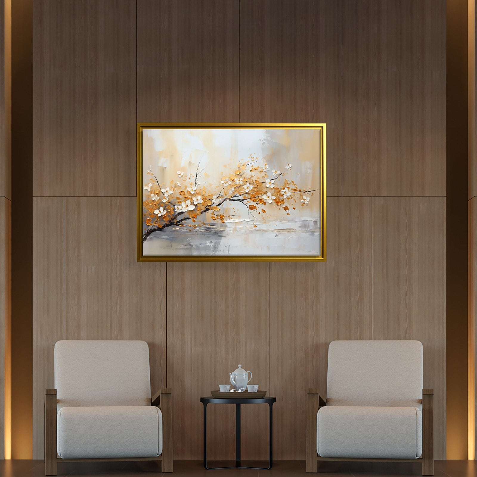 Altın Çiçek Dalı Kanvas Tablo | Modern Floral Premium Duvar Sanatı