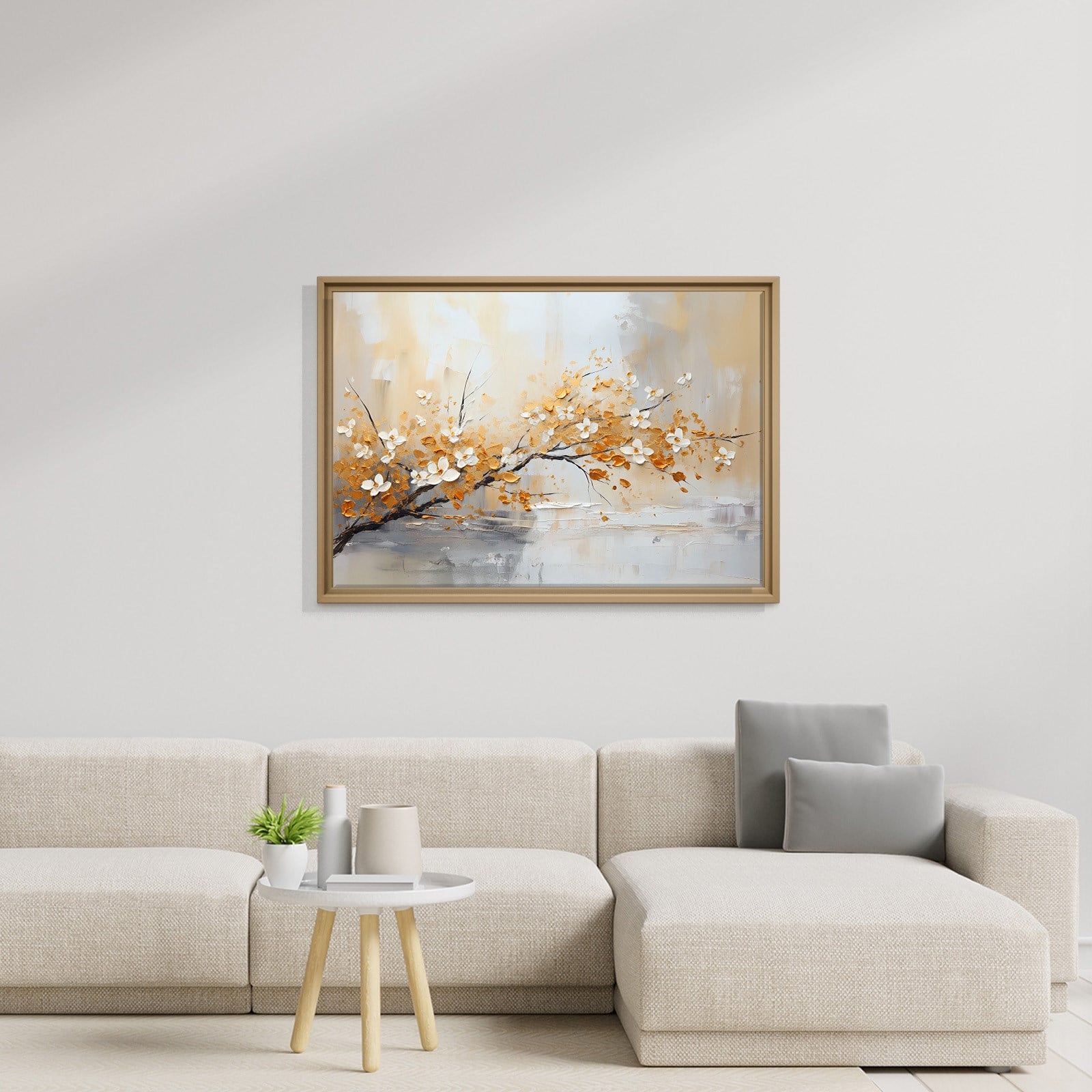 Altın Çiçek Dalı Kanvas Tablo | Modern Floral Premium Duvar Sanatı