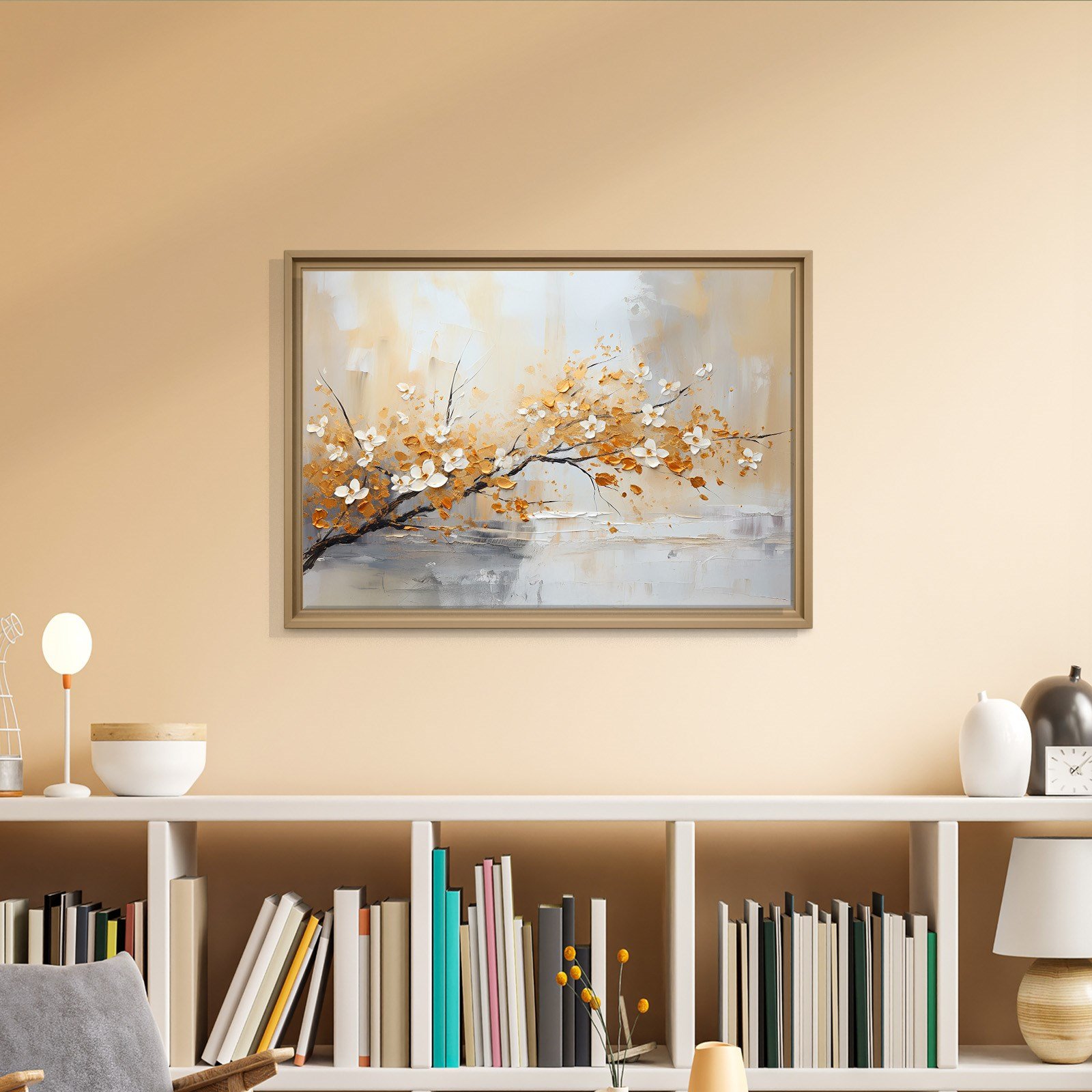 Altın Çiçek Dalı Kanvas Tablo | Modern Floral Premium Duvar Sanatı