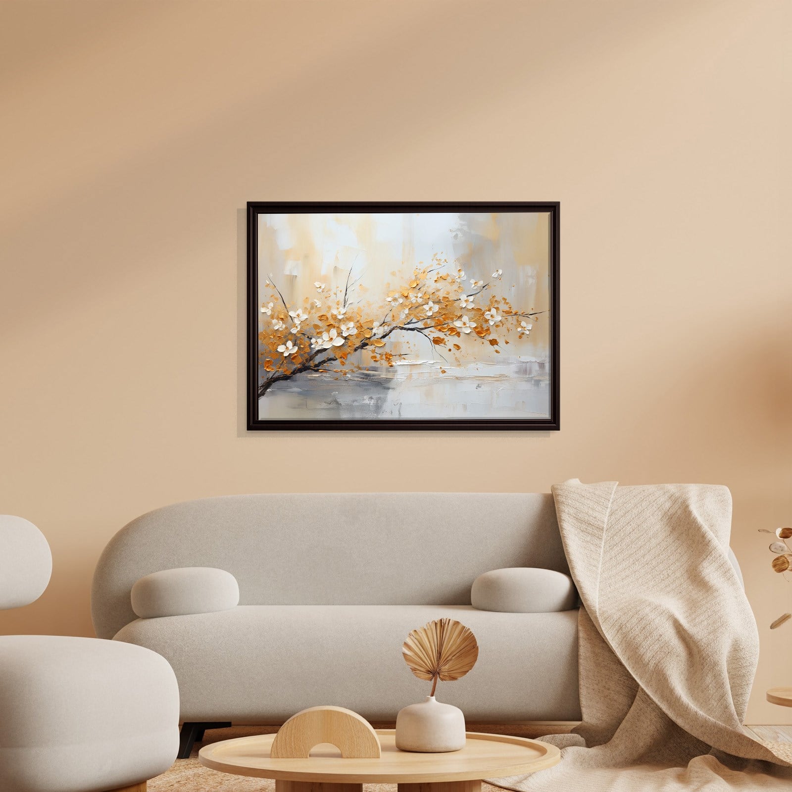 Altın Çiçek Dalı Kanvas Tablo | Modern Floral Premium Duvar Sanatı