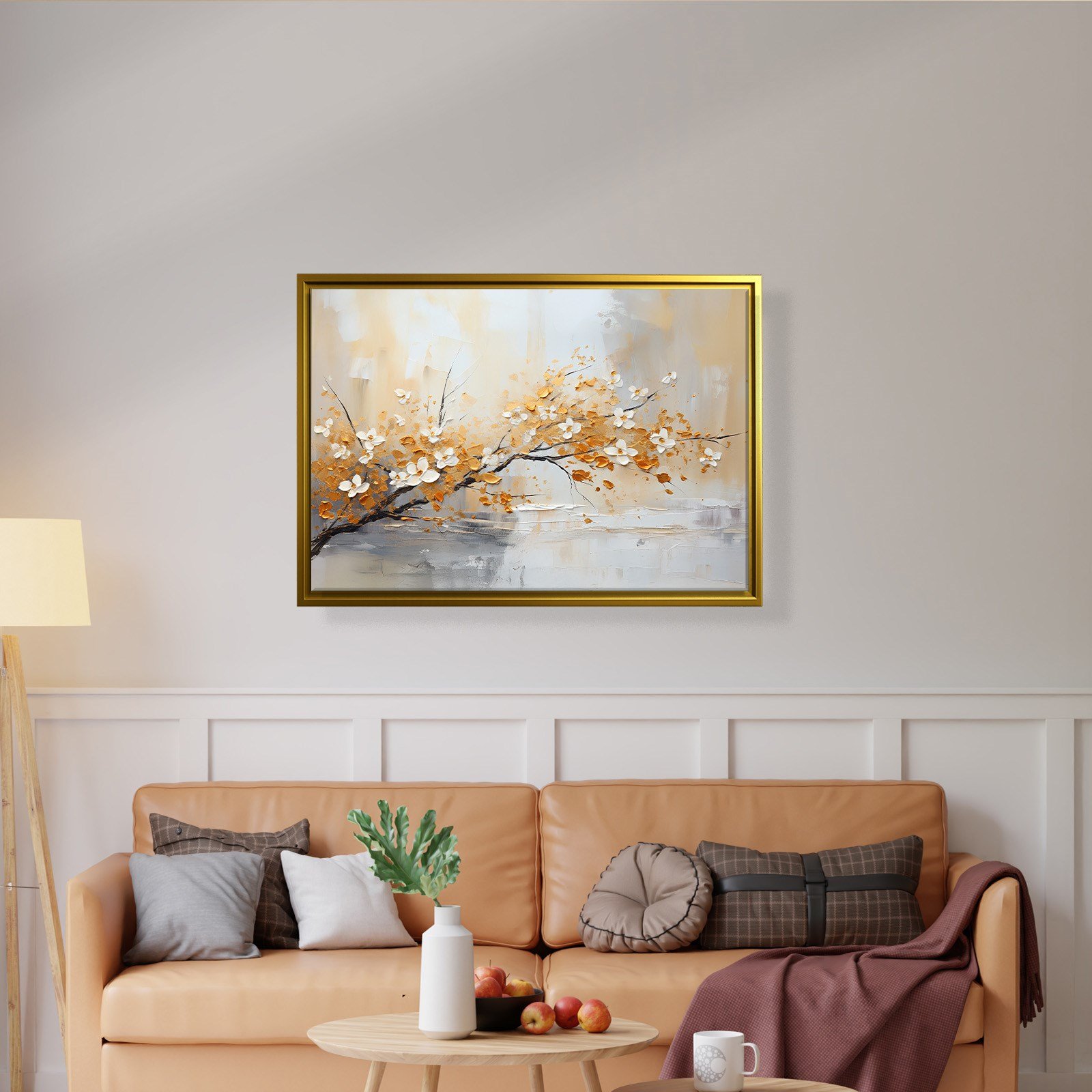 Altın Çiçek Dalı Kanvas Tablo | Modern Floral Premium Duvar Sanatı
