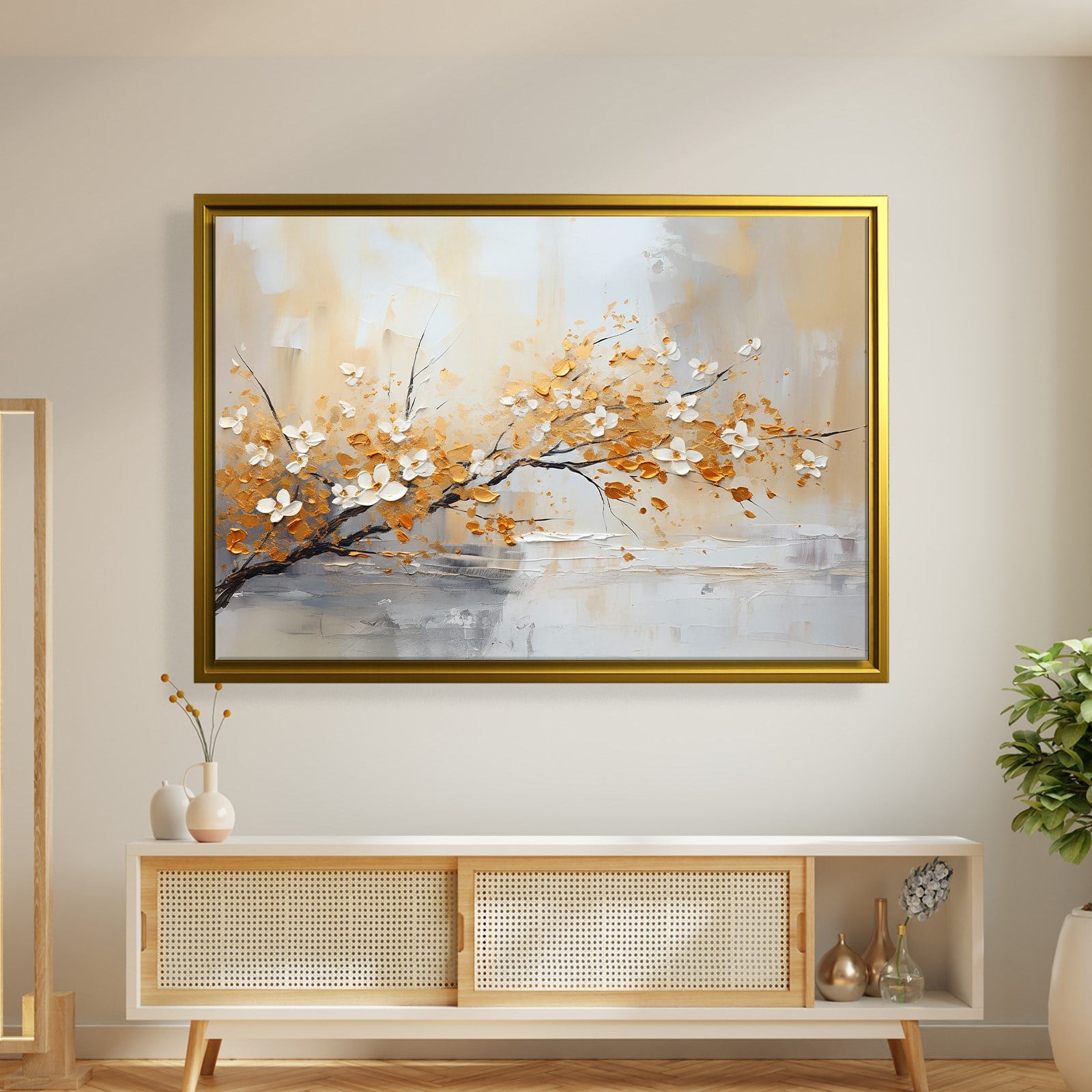 Altın Çiçek Dalı Kanvas Tablo | Modern Floral Premium Duvar Sanatı