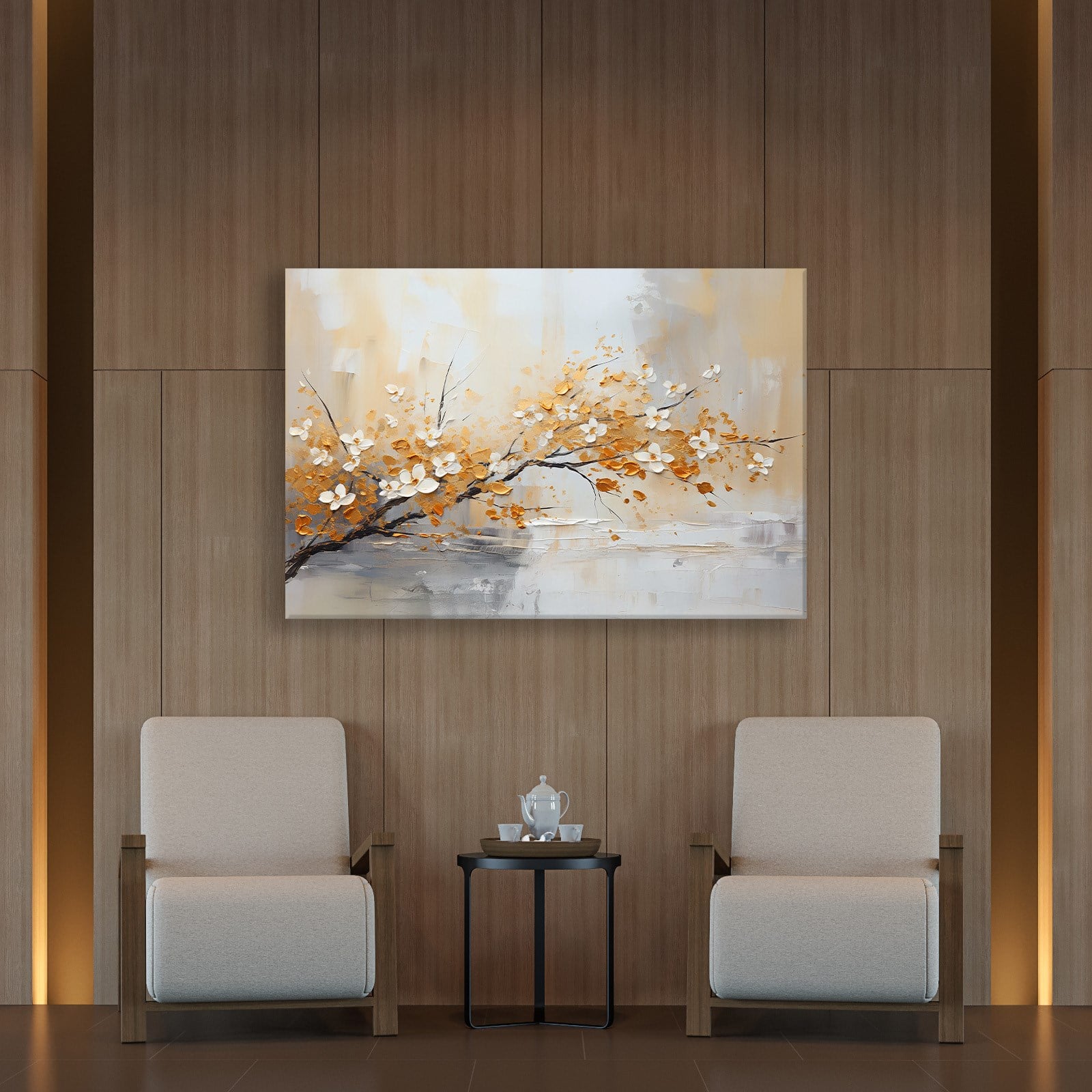 Altın Çiçek Dalı Kanvas Tablo | Modern Floral Premium Duvar Sanatı