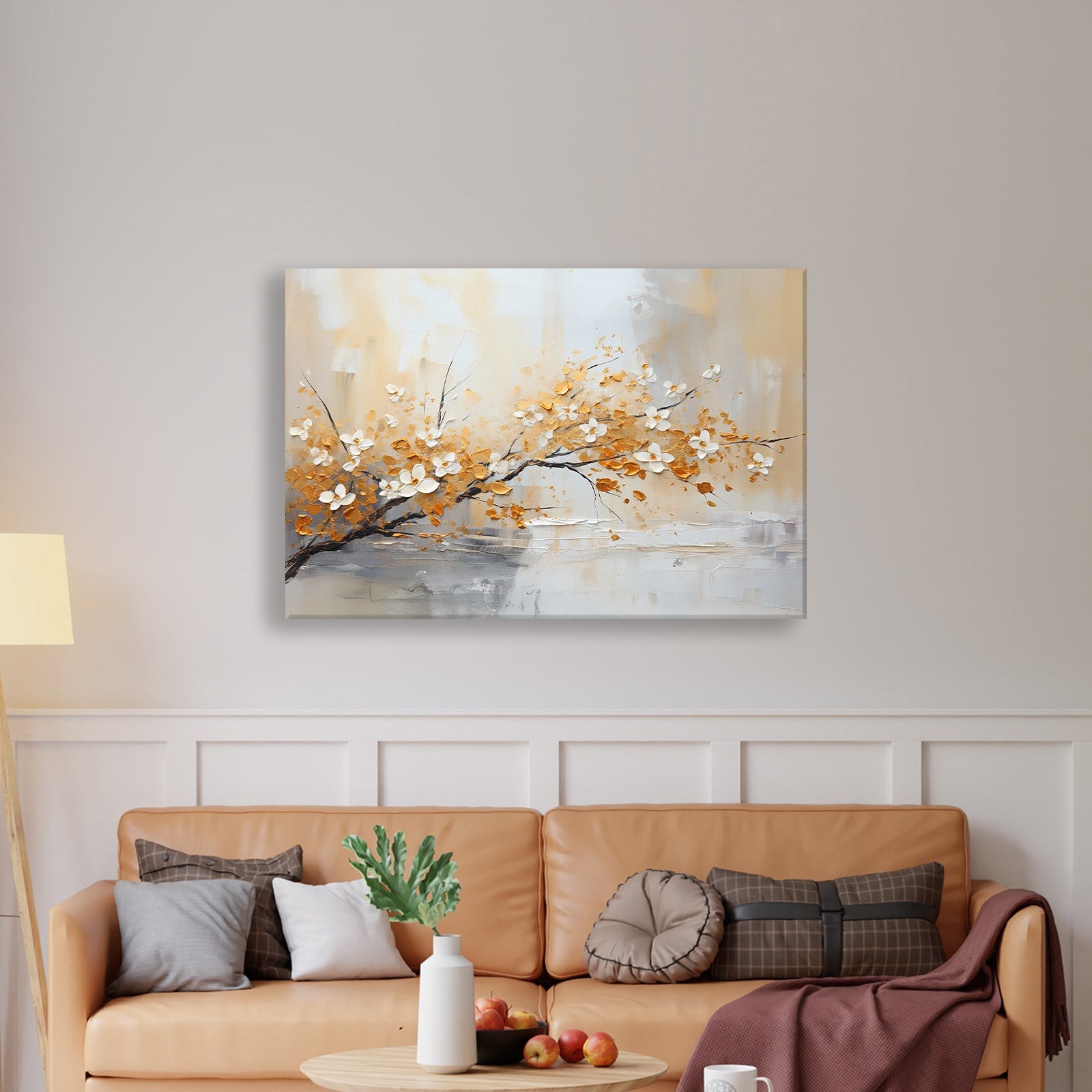 Altın Çiçek Dalı Kanvas Tablo | Modern Floral Premium Duvar Sanatı