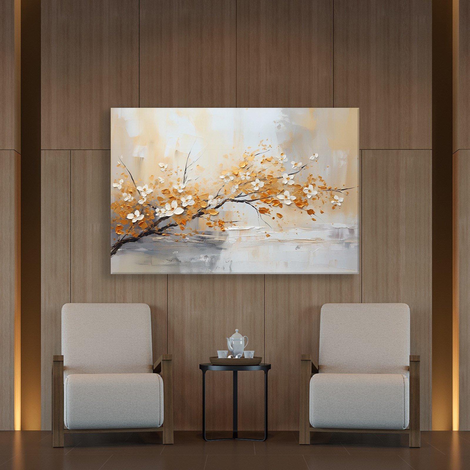 Altın Çiçek Dalı Kanvas Tablo | Modern Floral Premium Duvar Sanatı