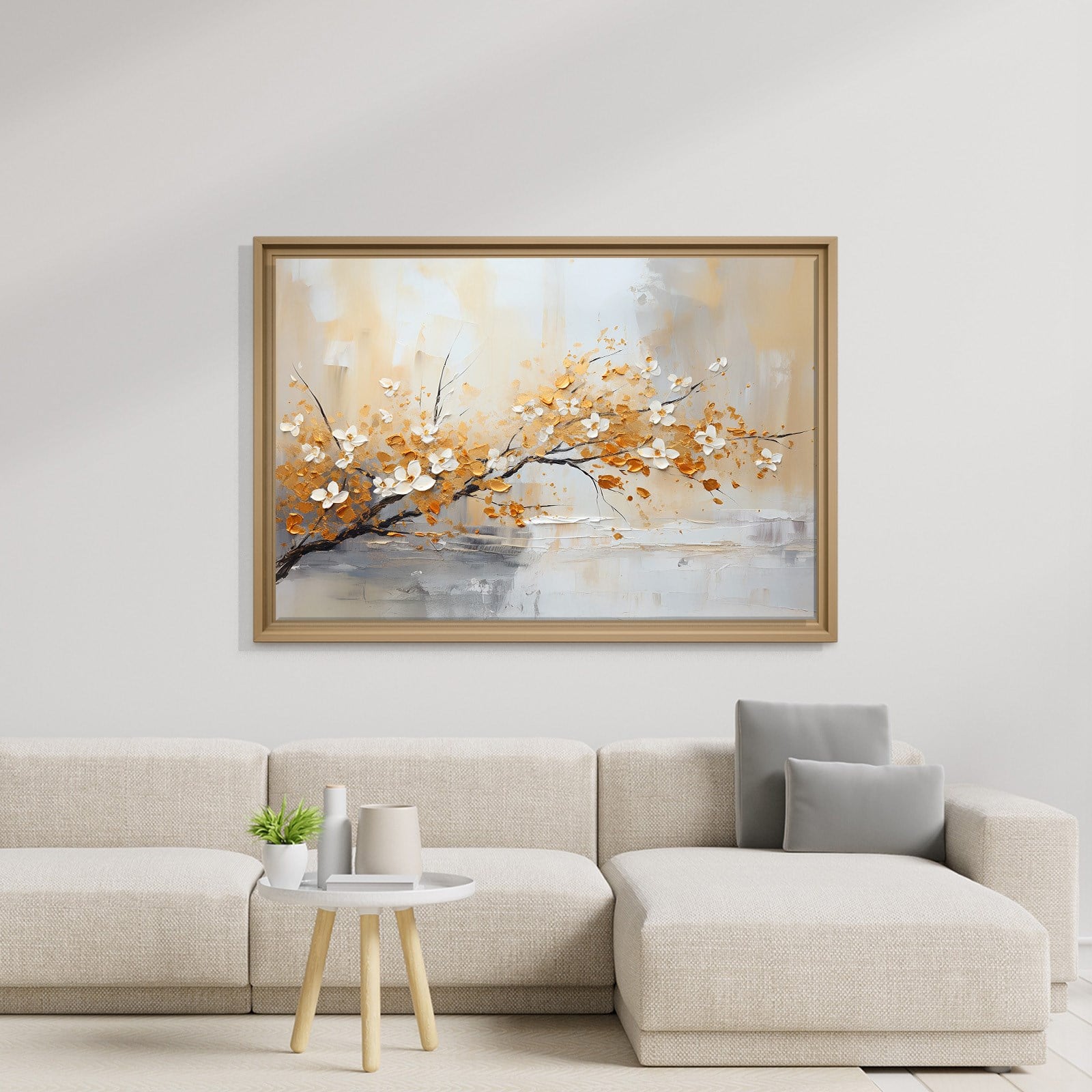 Altın Çiçek Dalı Kanvas Tablo | Modern Floral Premium Duvar Sanatı