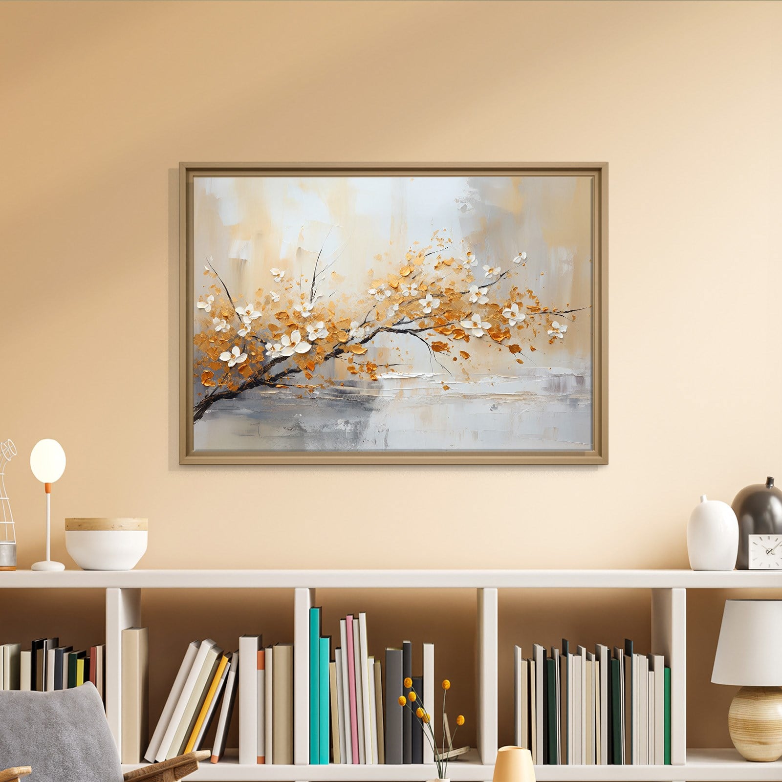 Altın Çiçek Dalı Kanvas Tablo | Modern Floral Premium Duvar Sanatı