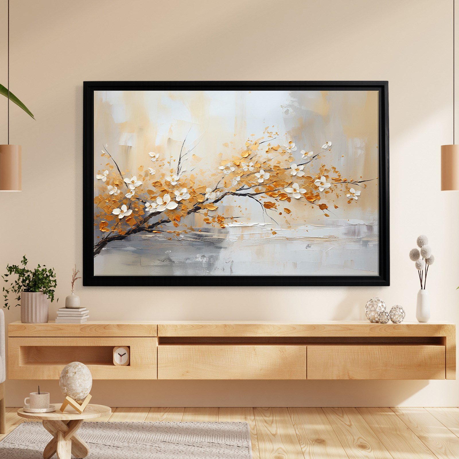 Altın Çiçek Dalı Kanvas Tablo | Modern Floral Premium Duvar Sanatı