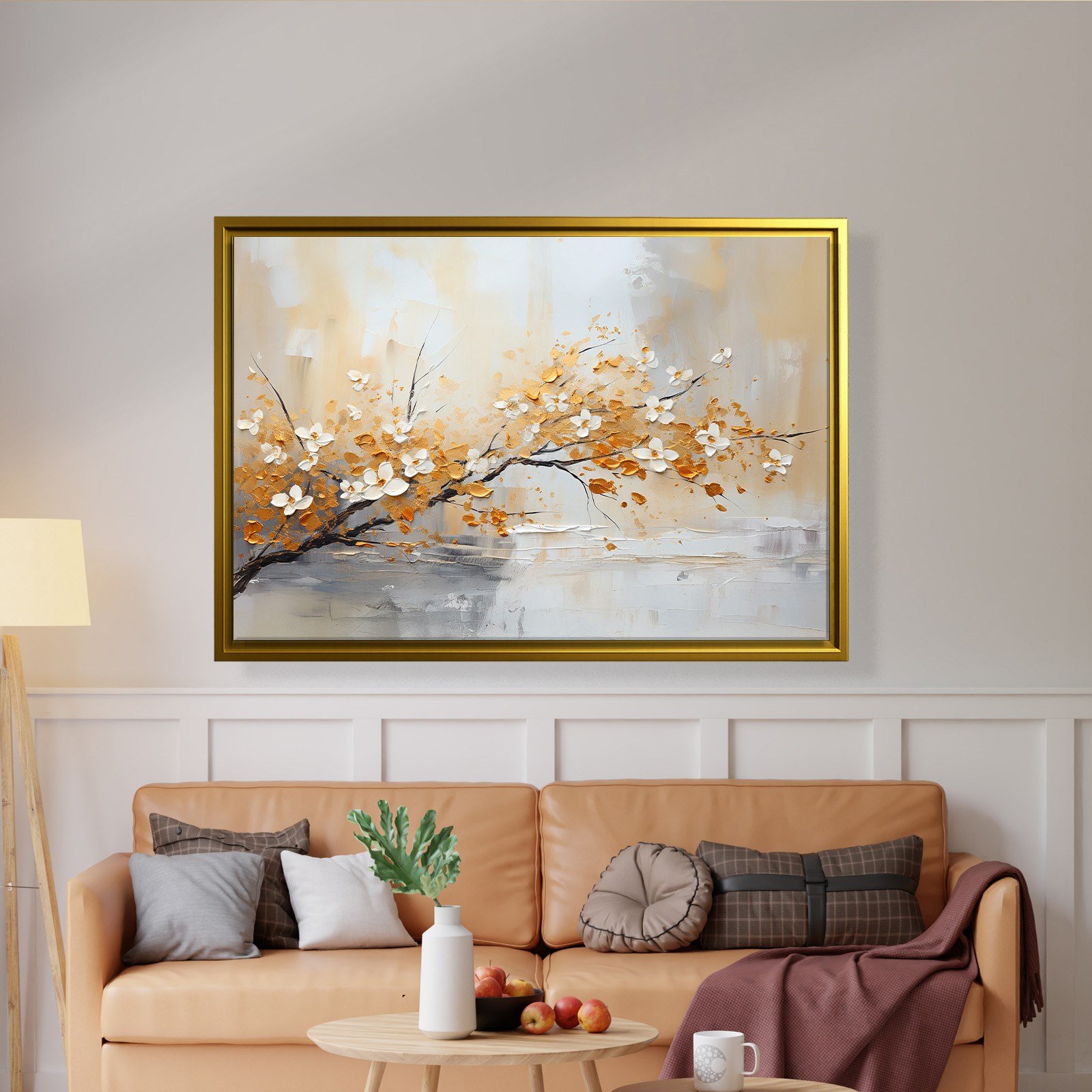 Altın Çiçek Dalı Kanvas Tablo | Modern Floral Premium Duvar Sanatı