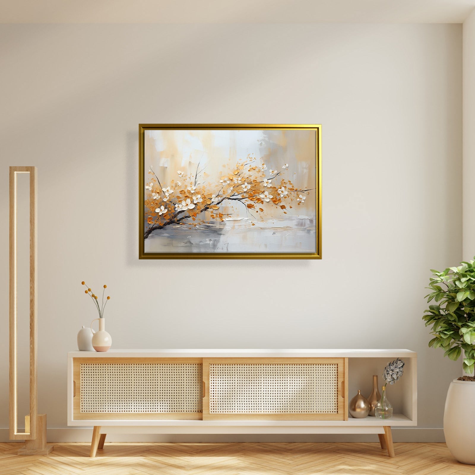 Altın Çiçek Dalı Kanvas Tablo | Modern Floral Premium Duvar Sanatı
