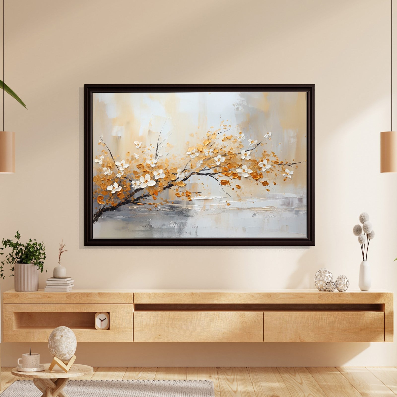 Altın Çiçek Dalı Kanvas Tablo | Modern Floral Premium Duvar Sanatı