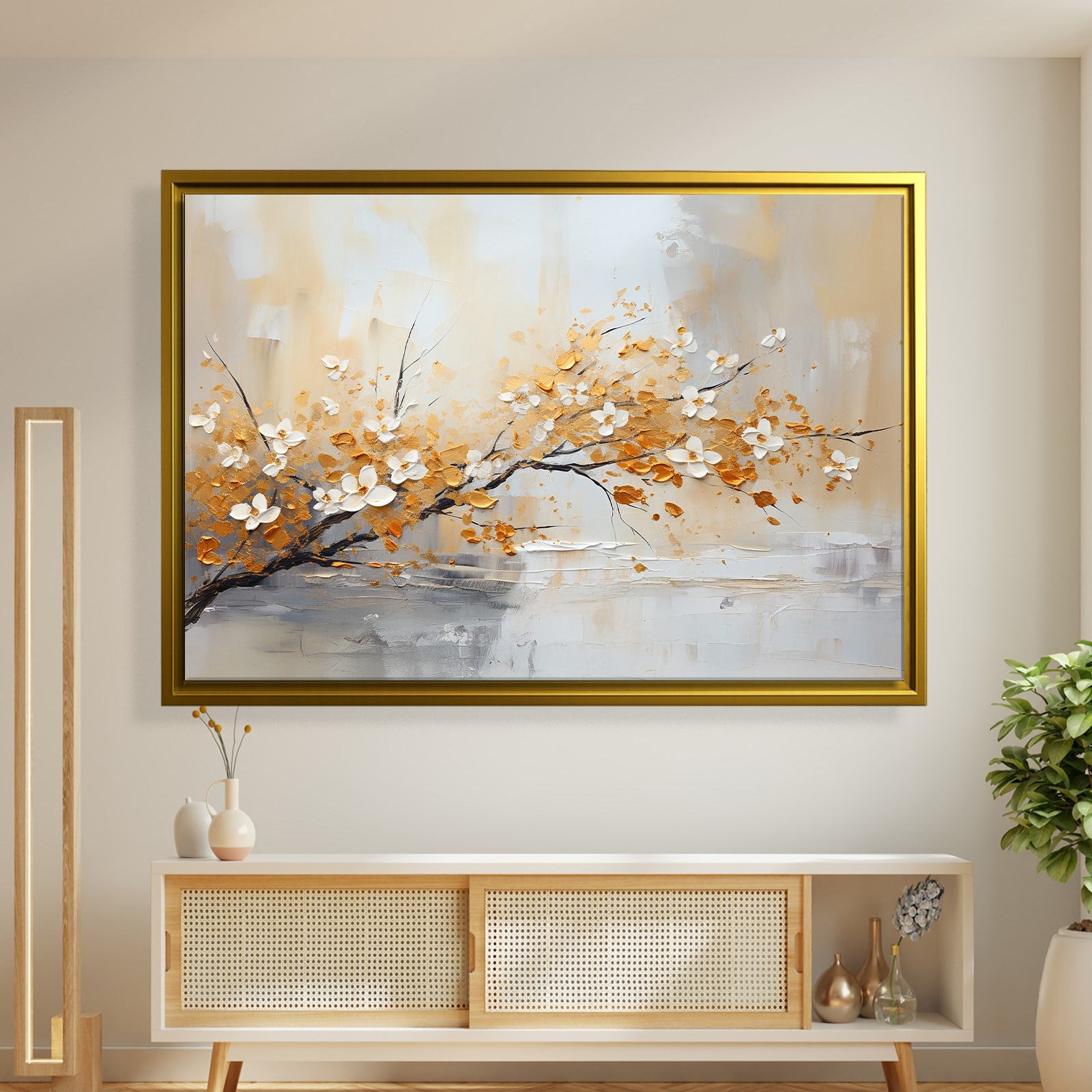Altın Çiçek Dalı Kanvas Tablo | Modern Floral Premium Duvar Sanatı
