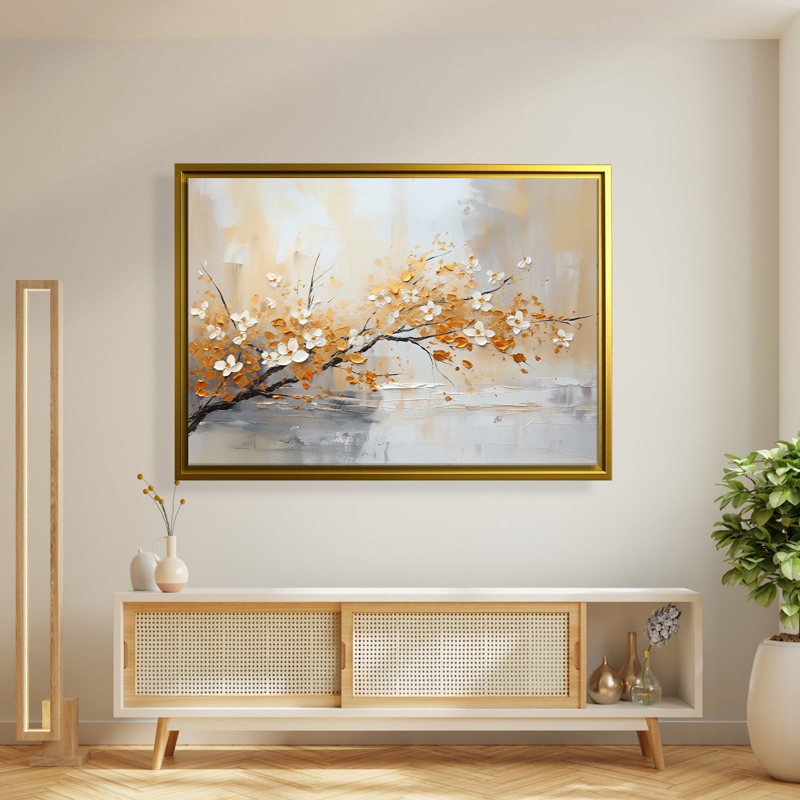 Altın Çiçek Dalı Kanvas Tablo | Modern Floral Premium Duvar Sanatı