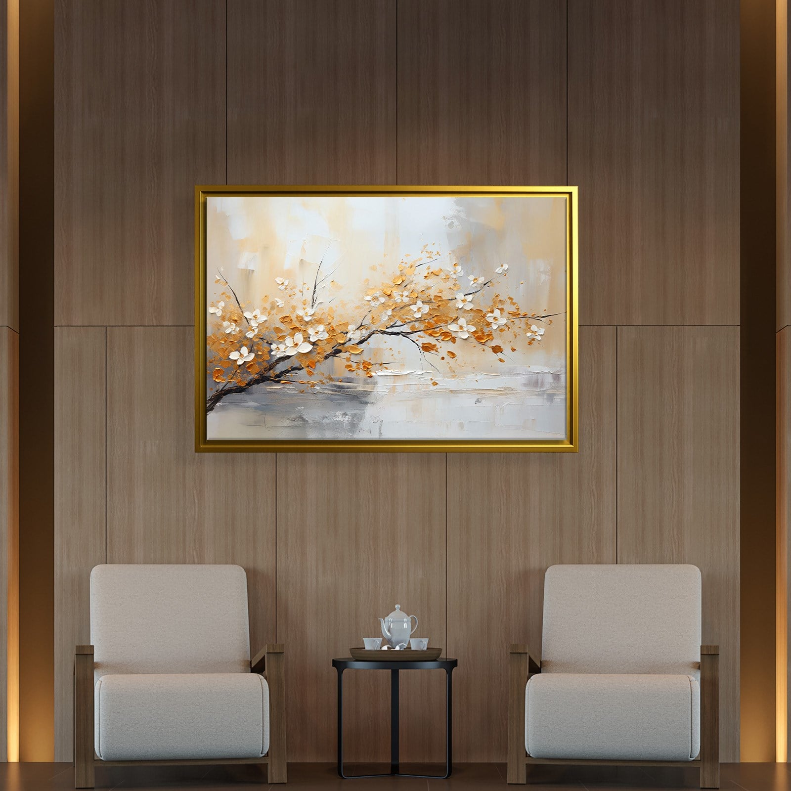 Altın Çiçek Dalı Kanvas Tablo | Modern Floral Premium Duvar Sanatı