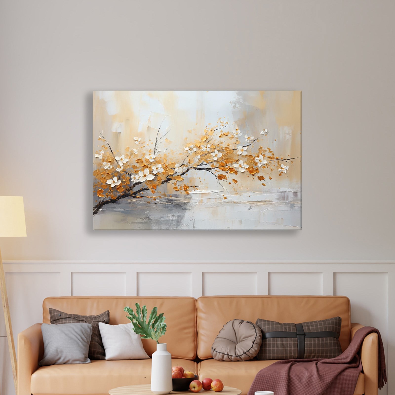 Altın Çiçek Dalı Kanvas Tablo | Modern Floral Premium Duvar Sanatı