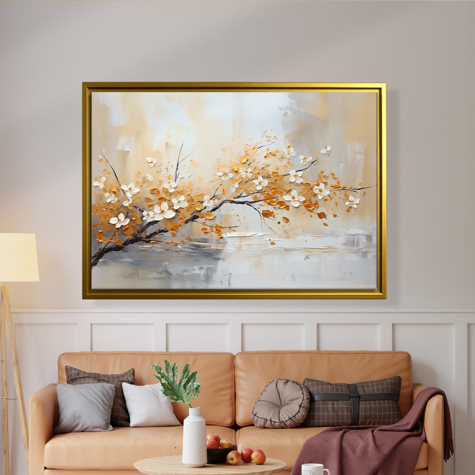Altın Çiçek Dalı Kanvas Tablo | Modern Floral Premium Duvar Sanatı