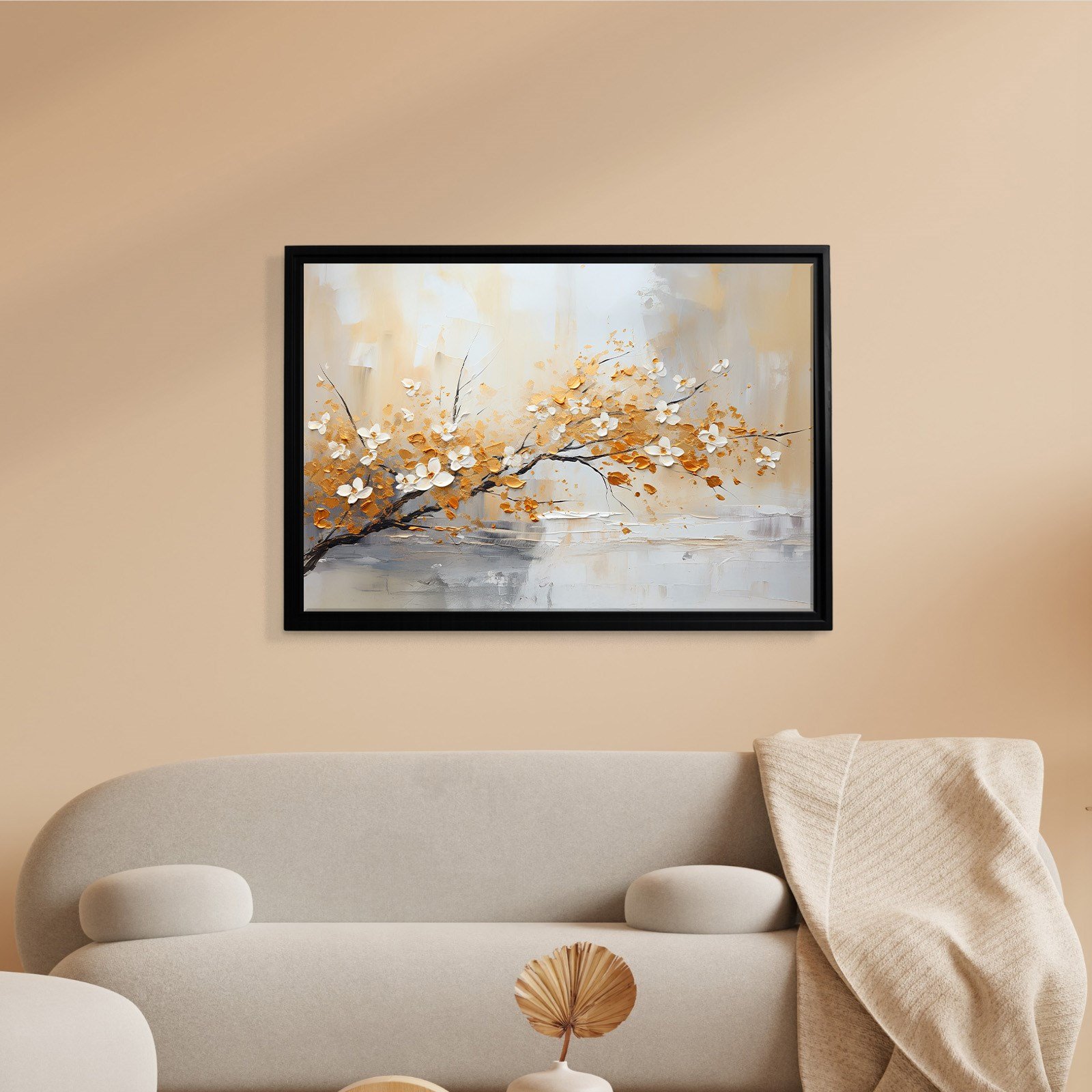 Altın Çiçek Dalı Kanvas Tablo | Modern Floral Premium Duvar Sanatı