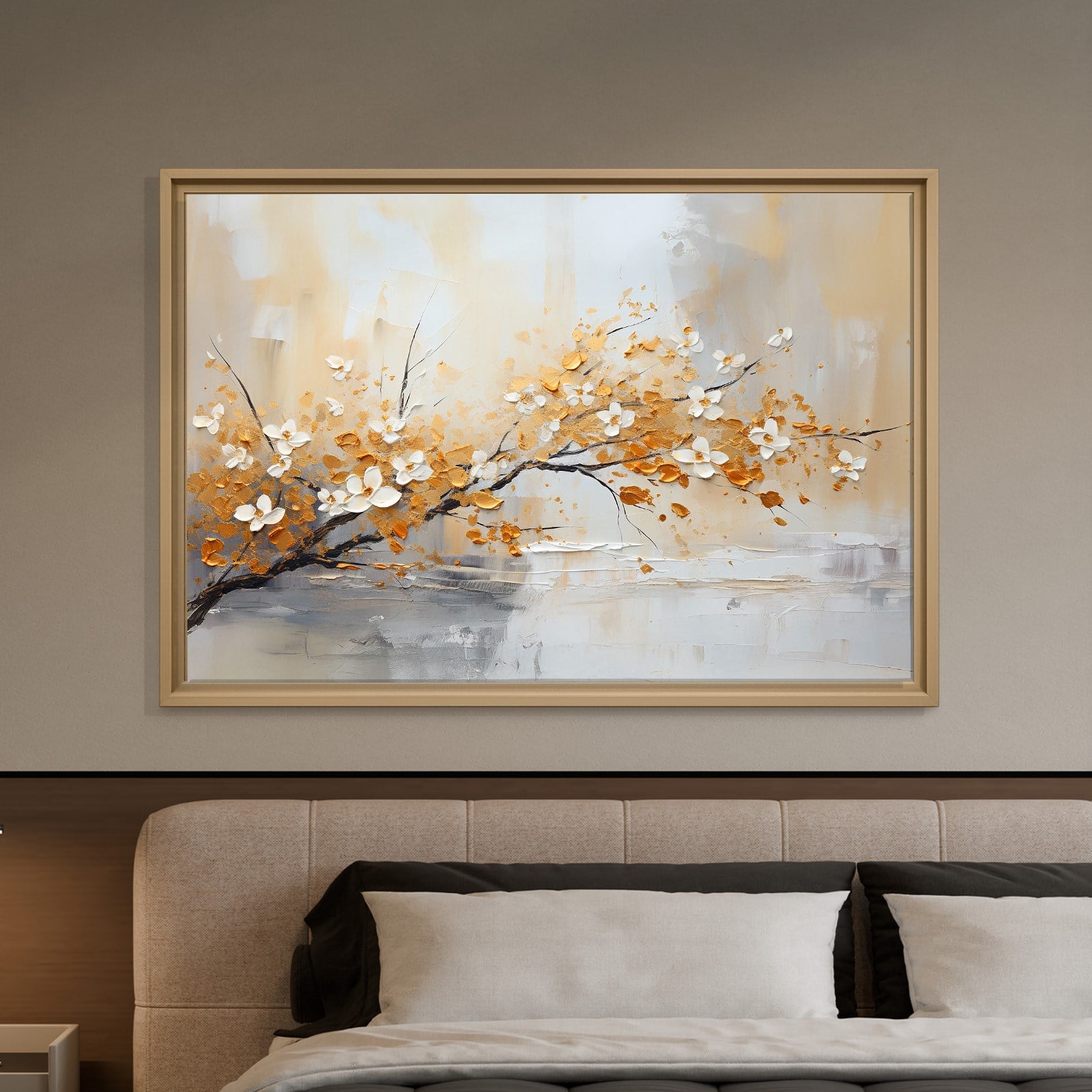 Altın Çiçek Dalı Kanvas Tablo | Modern Floral Premium Duvar Sanatı