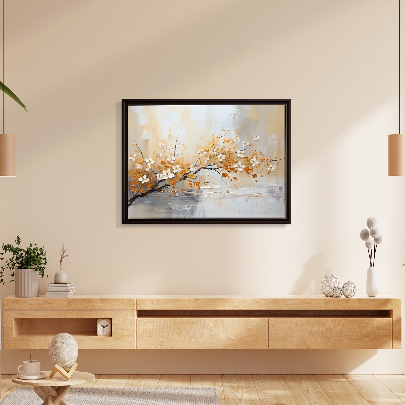 Altın Çiçek Dalı Kanvas Tablo | Modern Floral Premium Duvar Sanatı