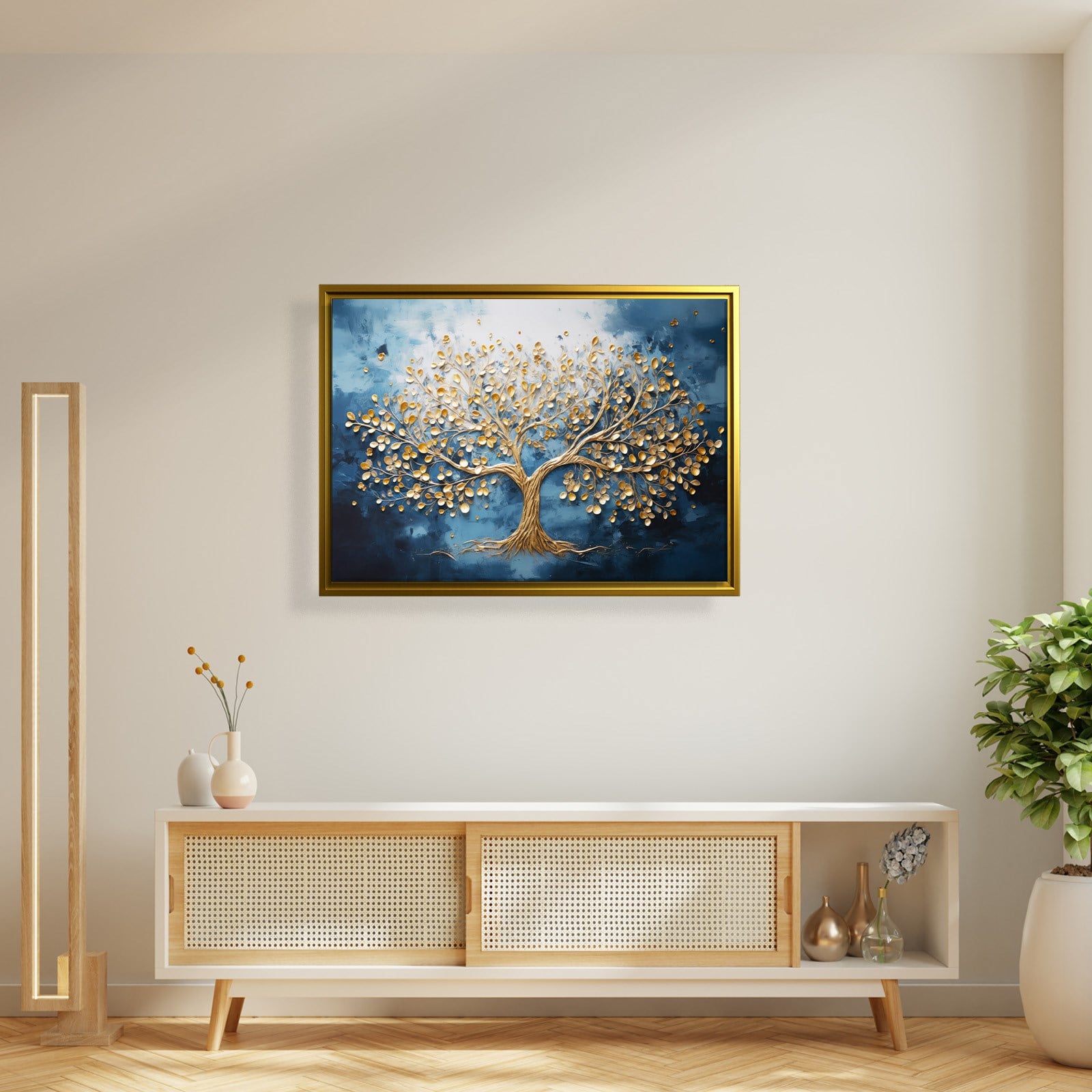 Altın Hayat Ağacı Kanvas Tablo | Lacivert Modern Premium Duvar Sanatı
