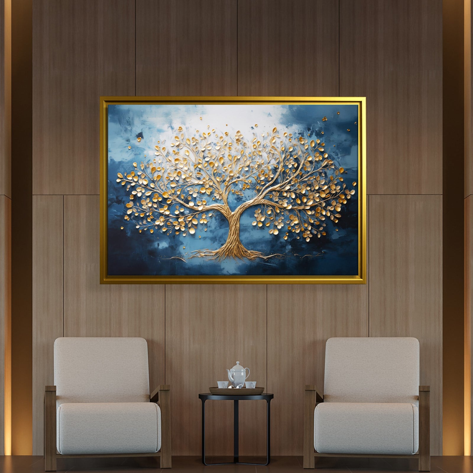 Altın Hayat Ağacı Kanvas Tablo | Lacivert Modern Premium Duvar Sanatı