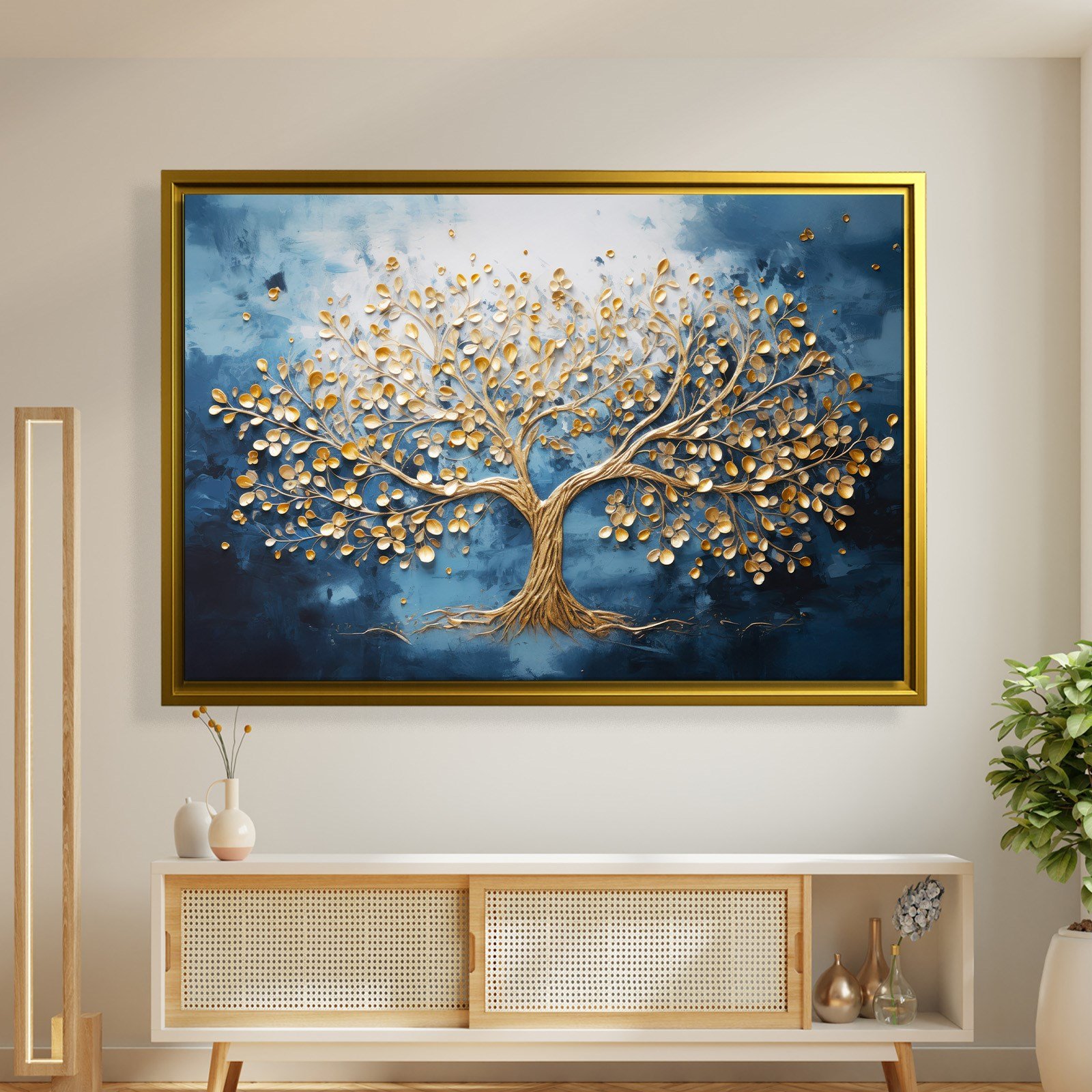 Altın Hayat Ağacı Kanvas Tablo | Lacivert Modern Premium Duvar Sanatı