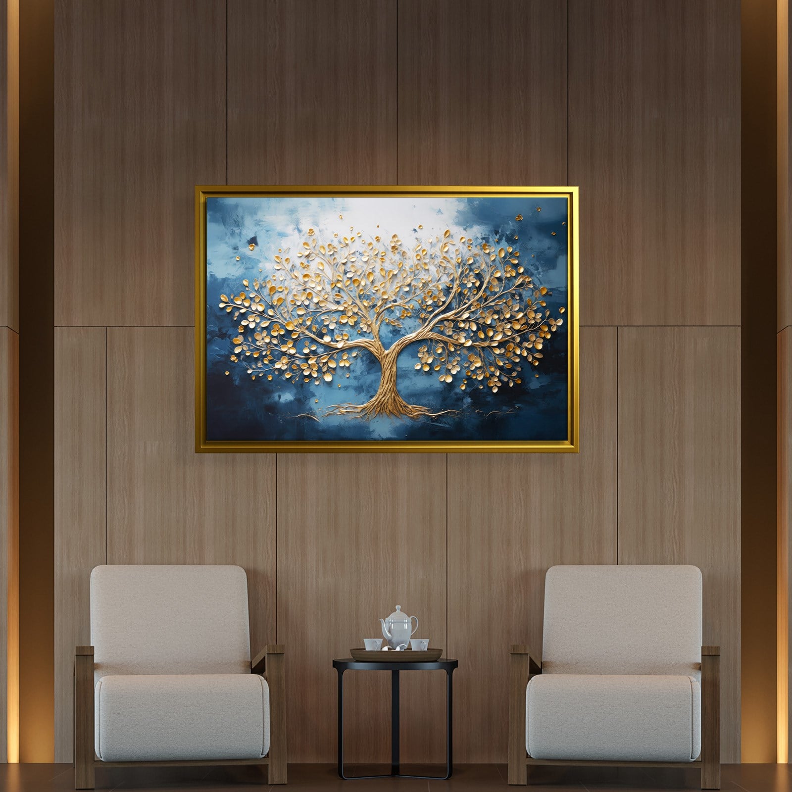 Altın Hayat Ağacı Kanvas Tablo | Lacivert Modern Premium Duvar Sanatı
