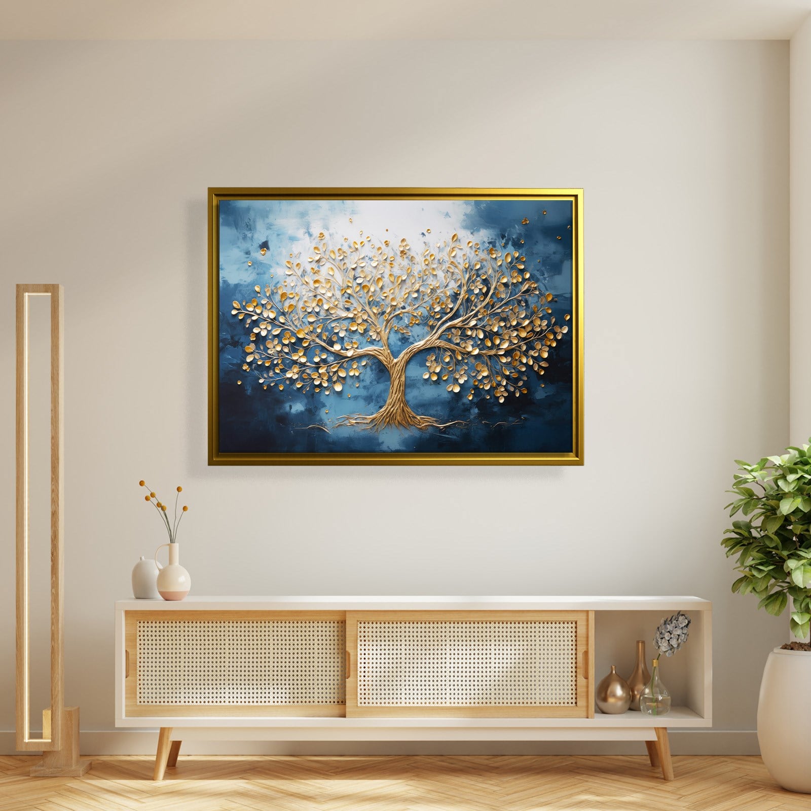 Altın Hayat Ağacı Kanvas Tablo | Lacivert Modern Premium Duvar Sanatı