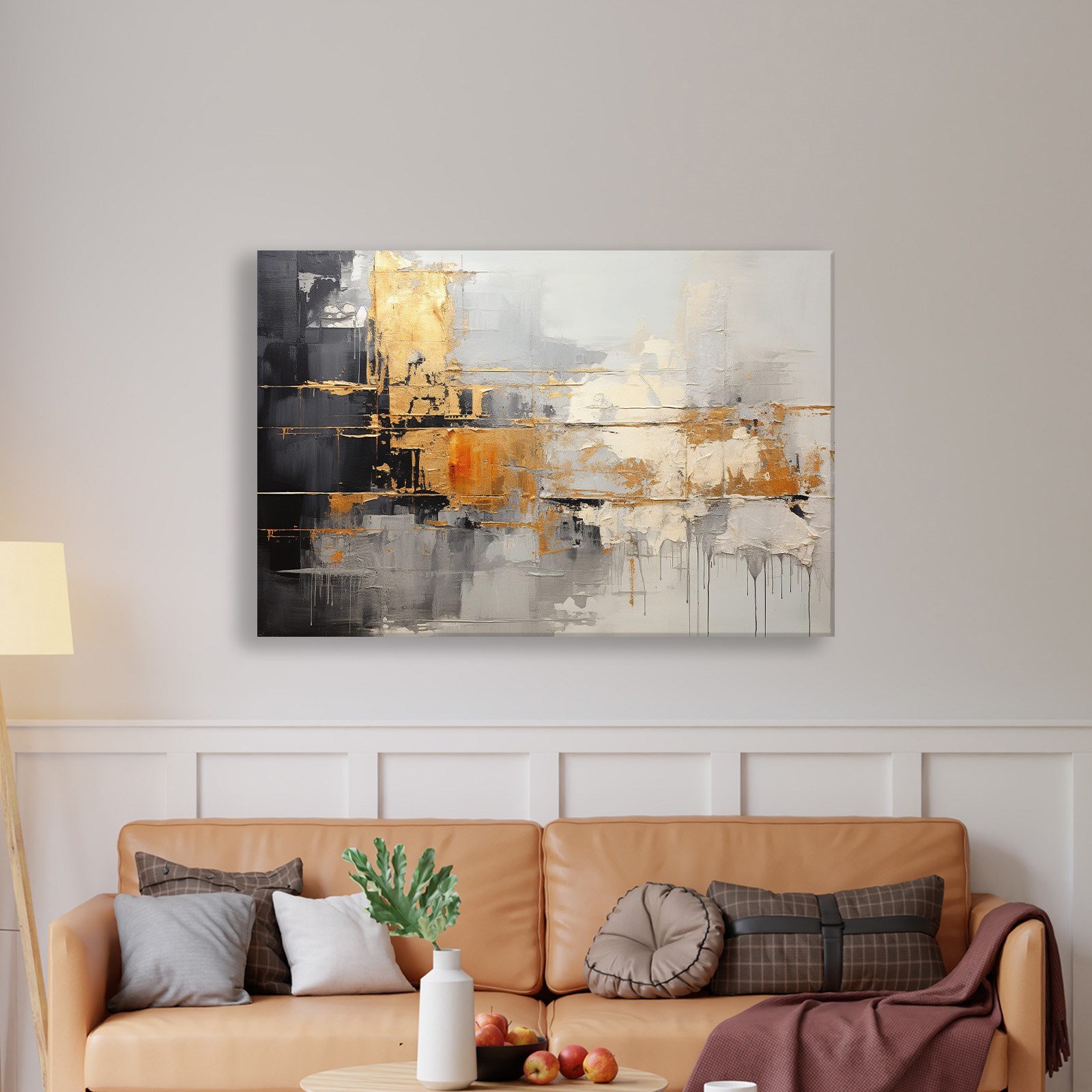 Altın Ufuk – Gold ve Gri Tonlarda Modern Soyut Kanvas Tablo