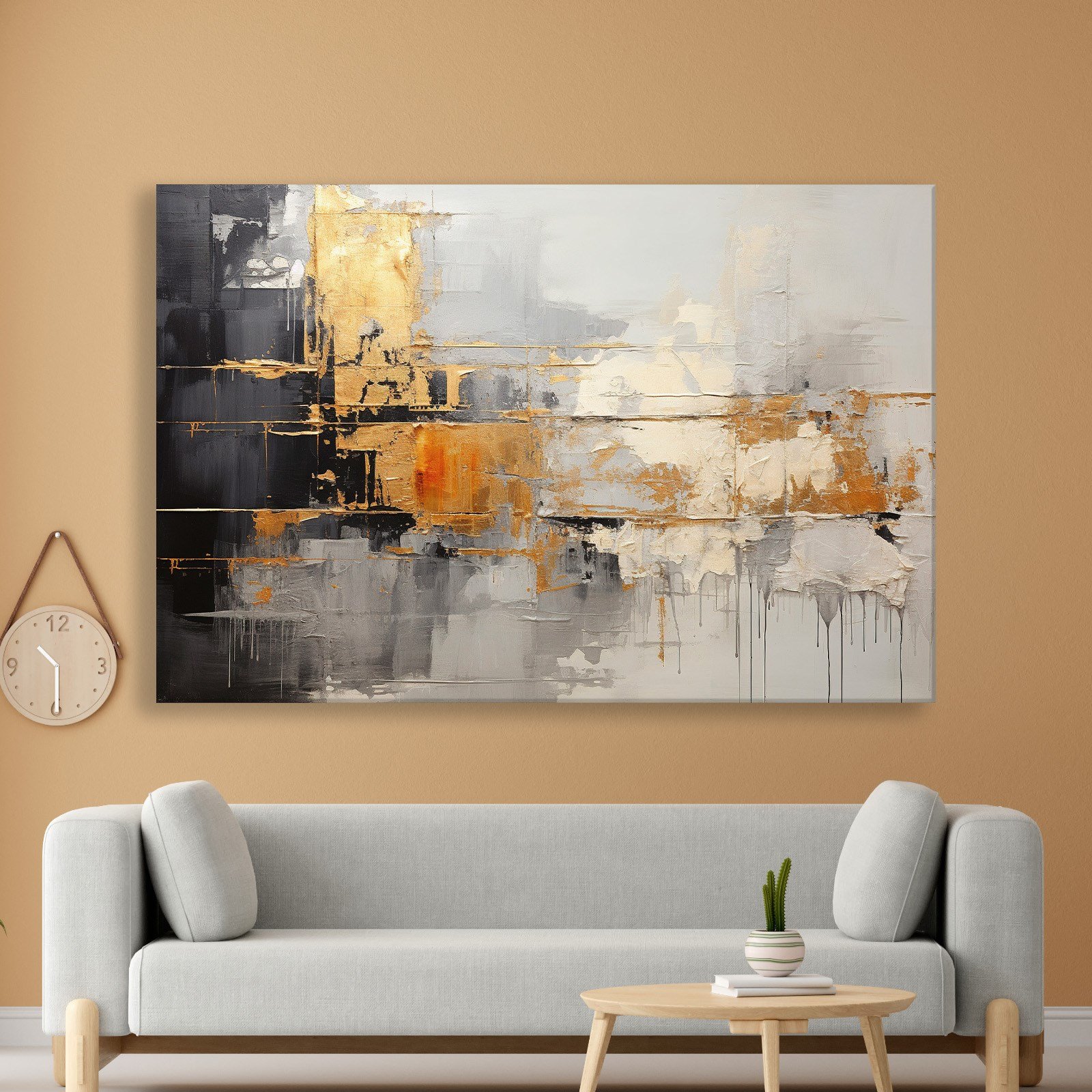 Altın Ufuk – Gold ve Gri Tonlarda Modern Soyut Kanvas Tablo