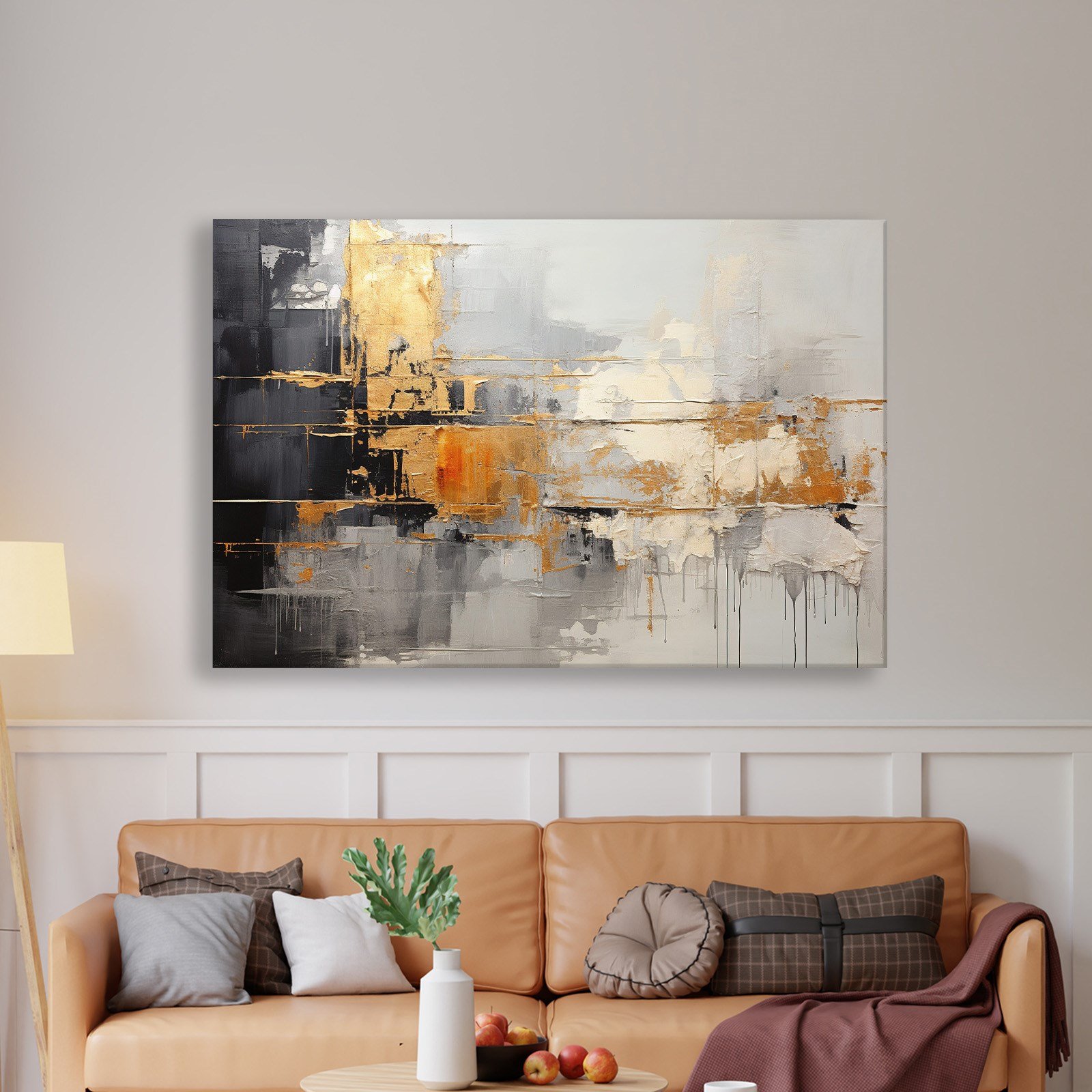 Altın Ufuk – Gold ve Gri Tonlarda Modern Soyut Kanvas Tablo