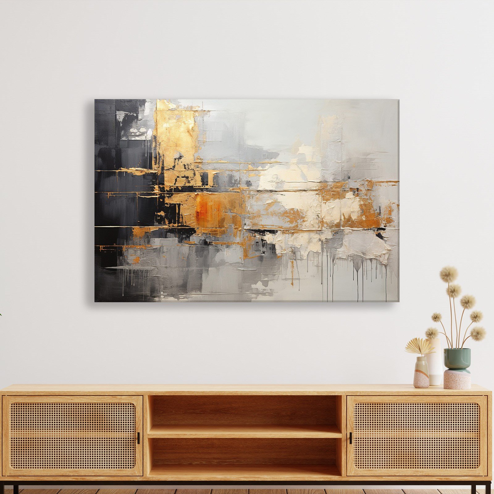 Altın Ufuk – Gold ve Gri Tonlarda Modern Soyut Kanvas Tablo