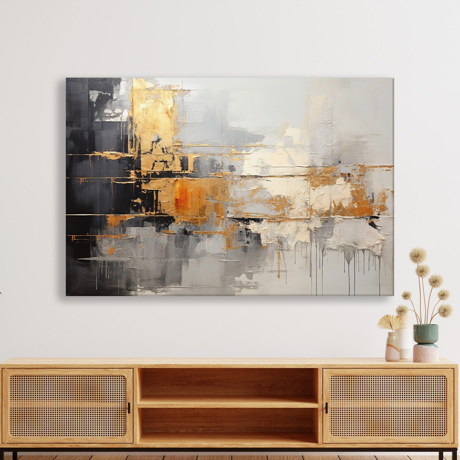 Altın Ufuk – Gold ve Gri Tonlarda Modern Soyut Kanvas Tablo