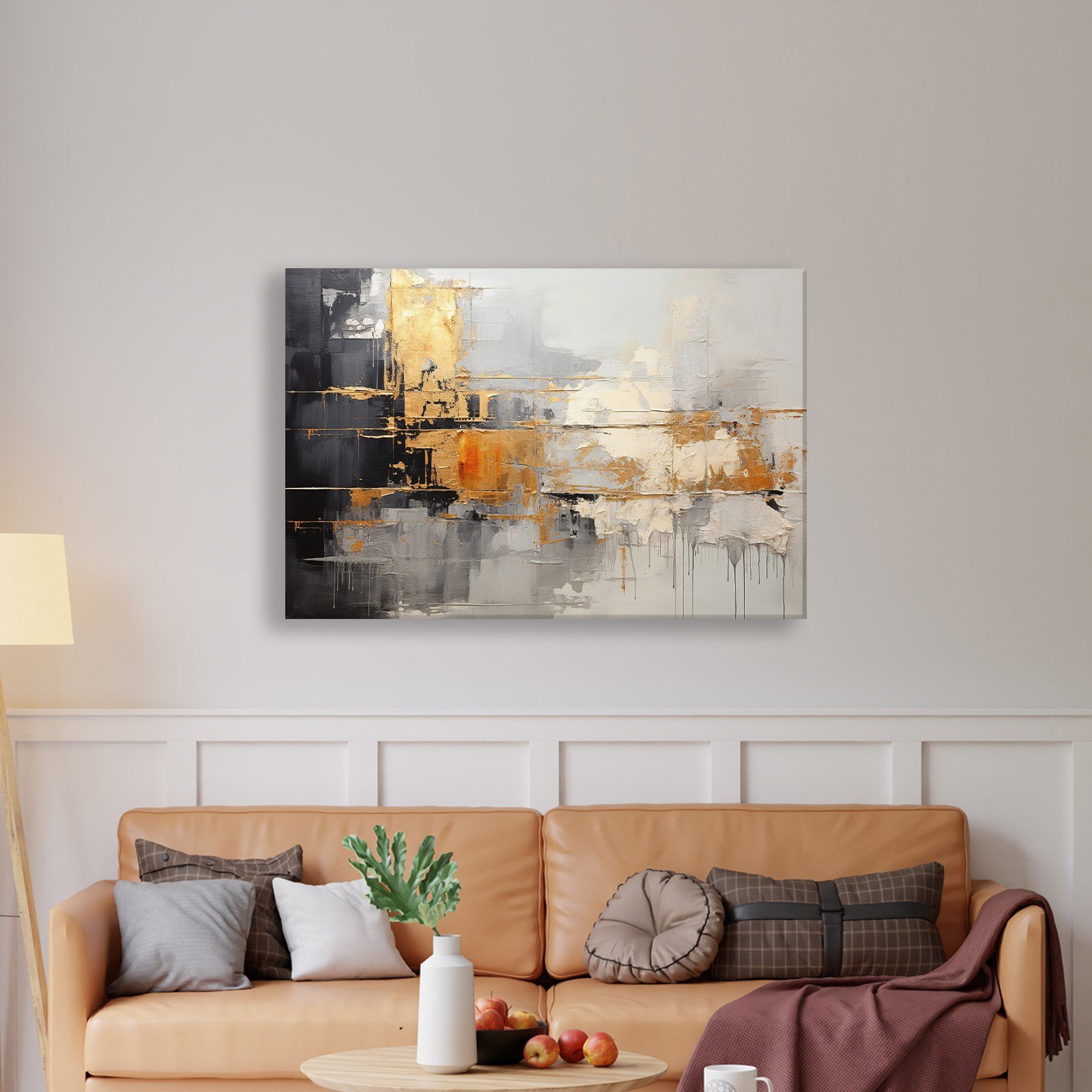 Altın Ufuk – Gold ve Gri Tonlarda Modern Soyut Kanvas Tablo