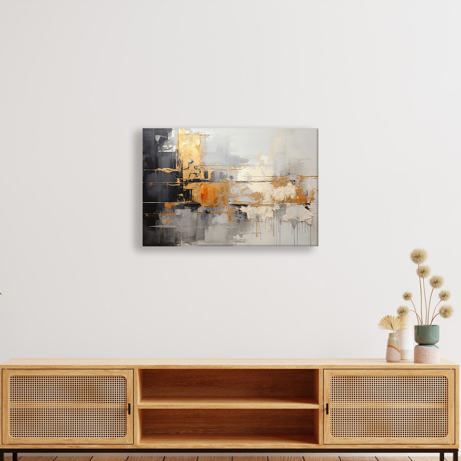 Altın Ufuk – Gold ve Gri Tonlarda Modern Soyut Kanvas Tablo