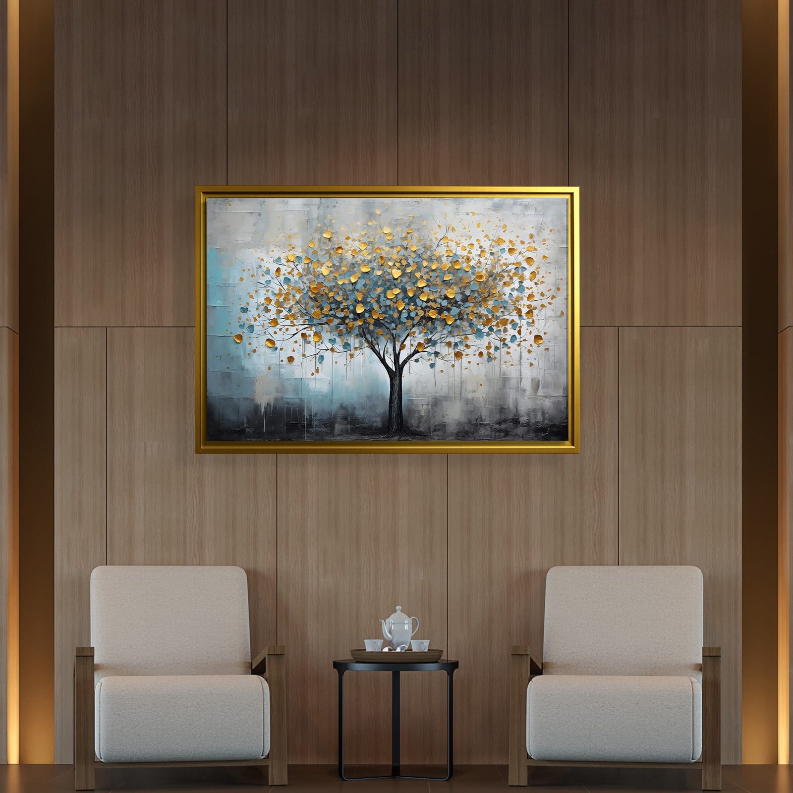 Altın Yapraklı Hayat Ağacı Kanvas Tablo | Mavi Gri Modern Premium Duvar Sanatı