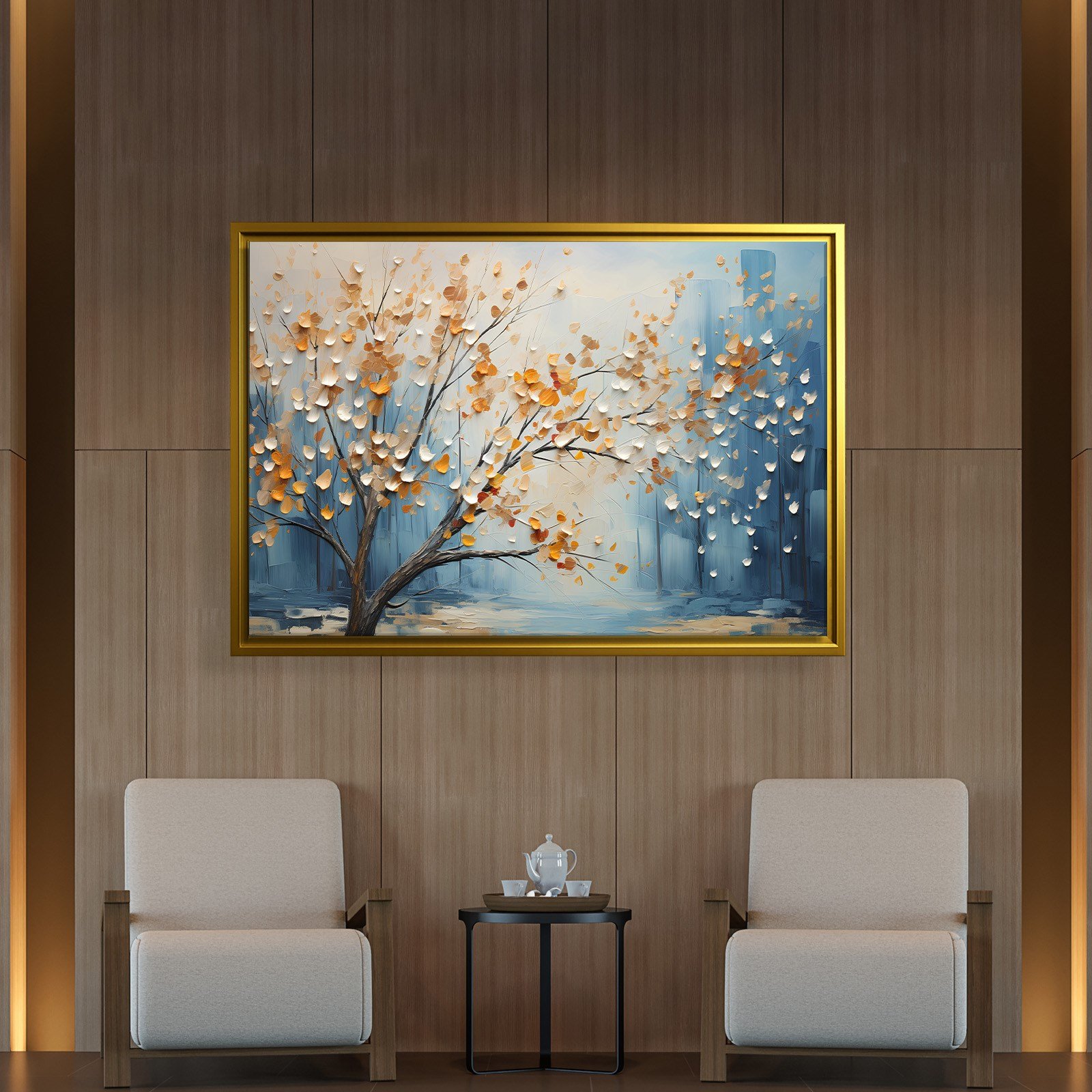 Altın Yapraklı Hayat Ağacı Kanvas Tablo | Modern Premium Çiçekli Duvar Sanatı