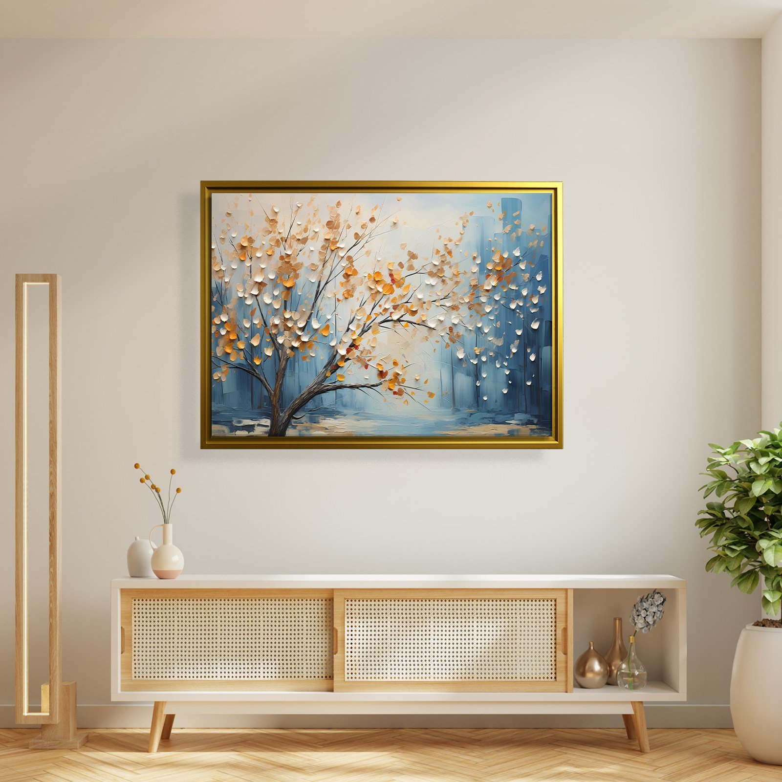 Altın Yapraklı Hayat Ağacı Kanvas Tablo | Modern Premium Çiçekli Duvar Sanatı
