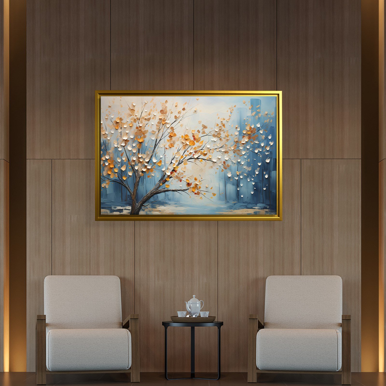 Altın Yapraklı Hayat Ağacı Kanvas Tablo | Modern Premium Çiçekli Duvar Sanatı