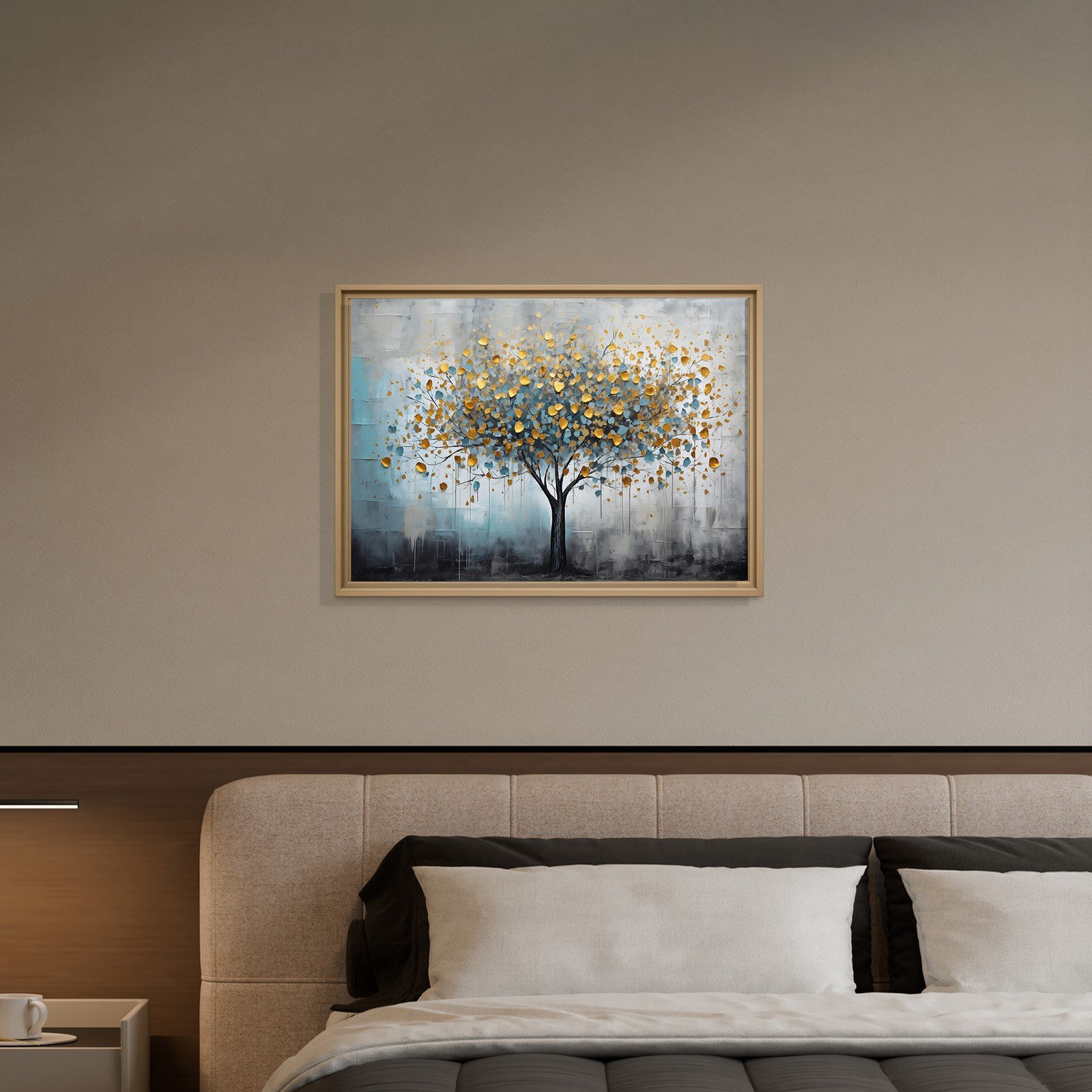 Altın Yapraklı Hayat Ağacı Kanvas Tablo | Mavi Gri Modern Premium Duvar Sanatı