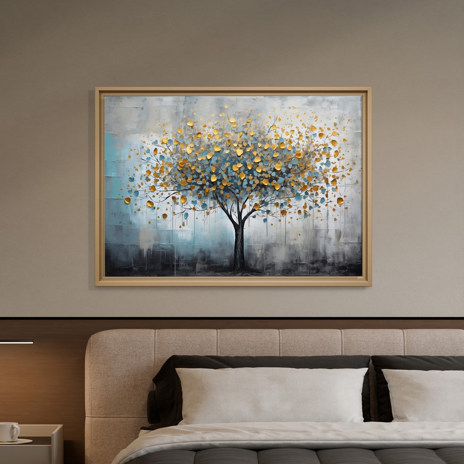 Altın Yapraklı Hayat Ağacı Kanvas Tablo | Mavi Gri Modern Premium Duvar Sanatı