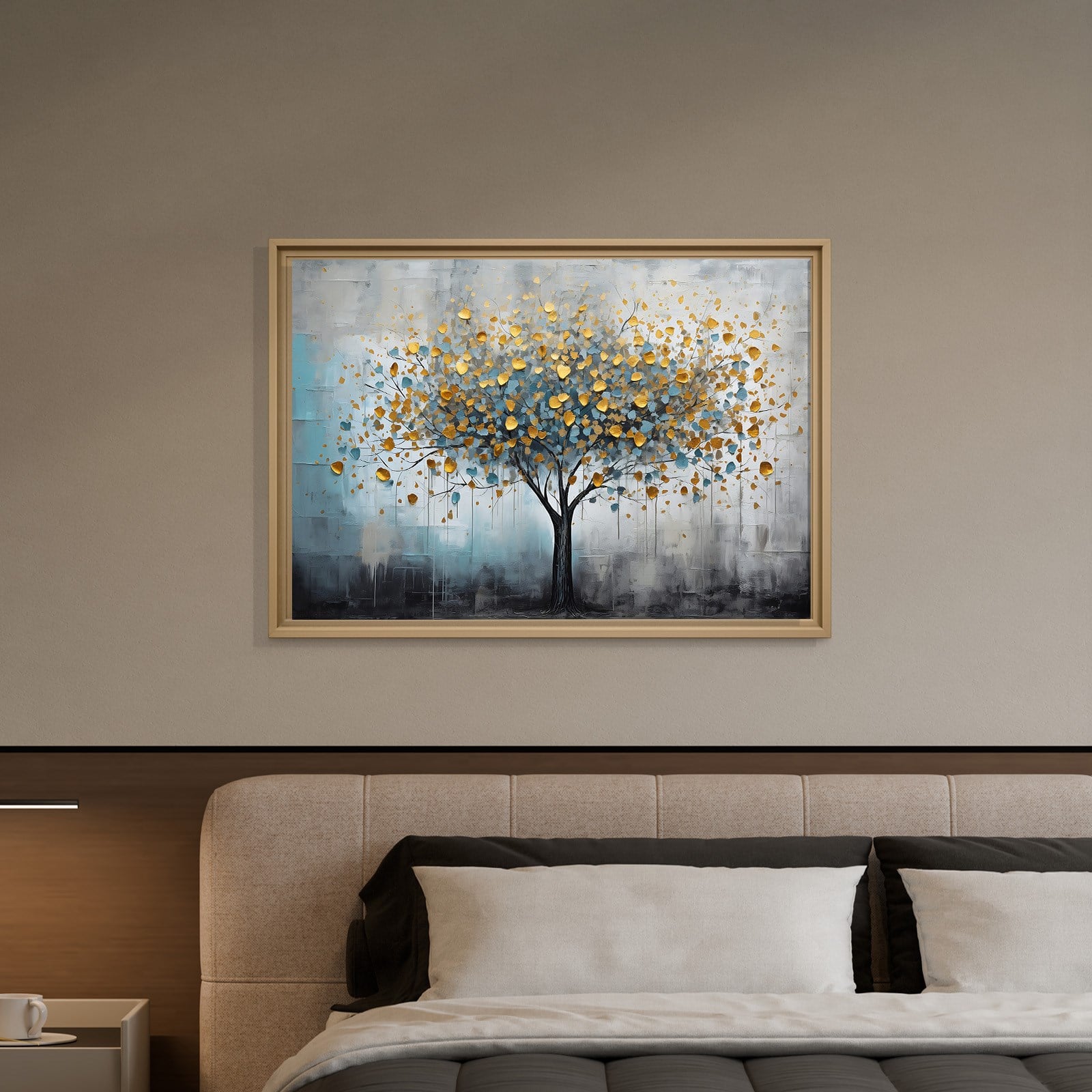 Altın Yapraklı Hayat Ağacı Kanvas Tablo | Mavi Gri Modern Premium Duvar Sanatı