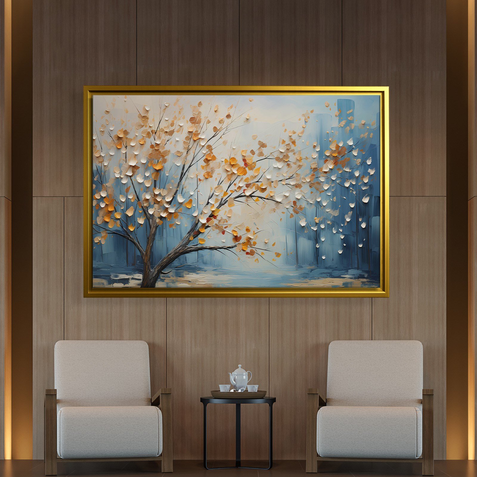 Altın Yapraklı Hayat Ağacı Kanvas Tablo | Modern Premium Çiçekli Duvar Sanatı