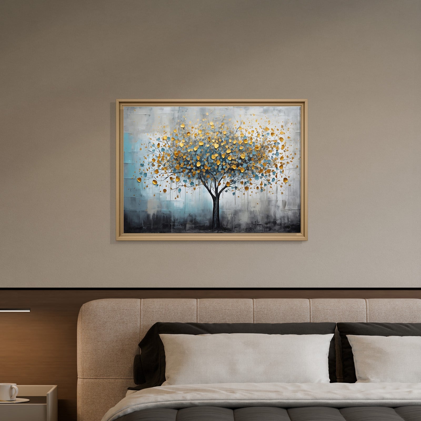 Altın Yapraklı Hayat Ağacı Kanvas Tablo | Mavi Gri Modern Premium Duvar Sanatı
