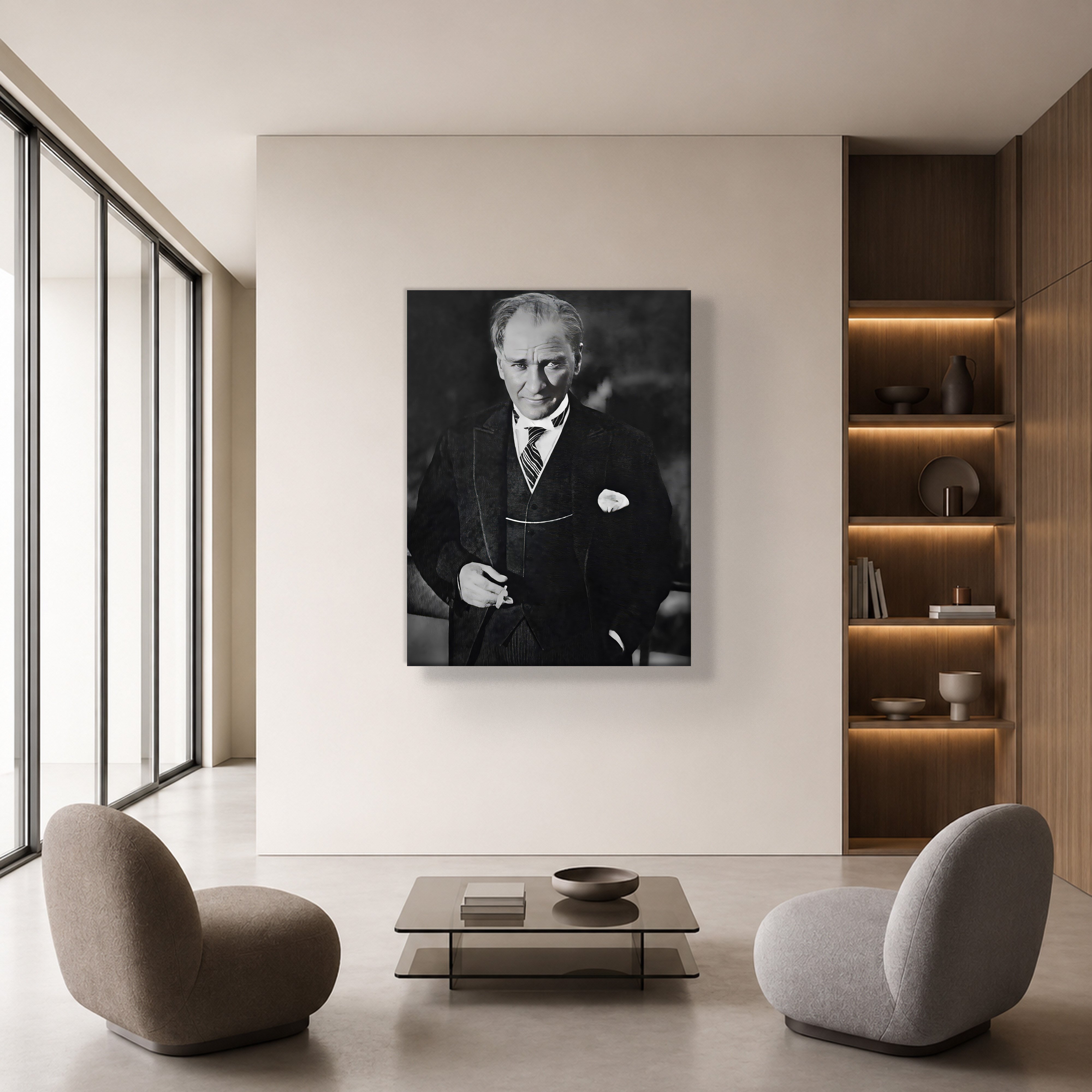 Atatürk Kanvas Tablo – Siyah Beyaz Mustafa Kemal Atatürk Portre Duvar Tablosu