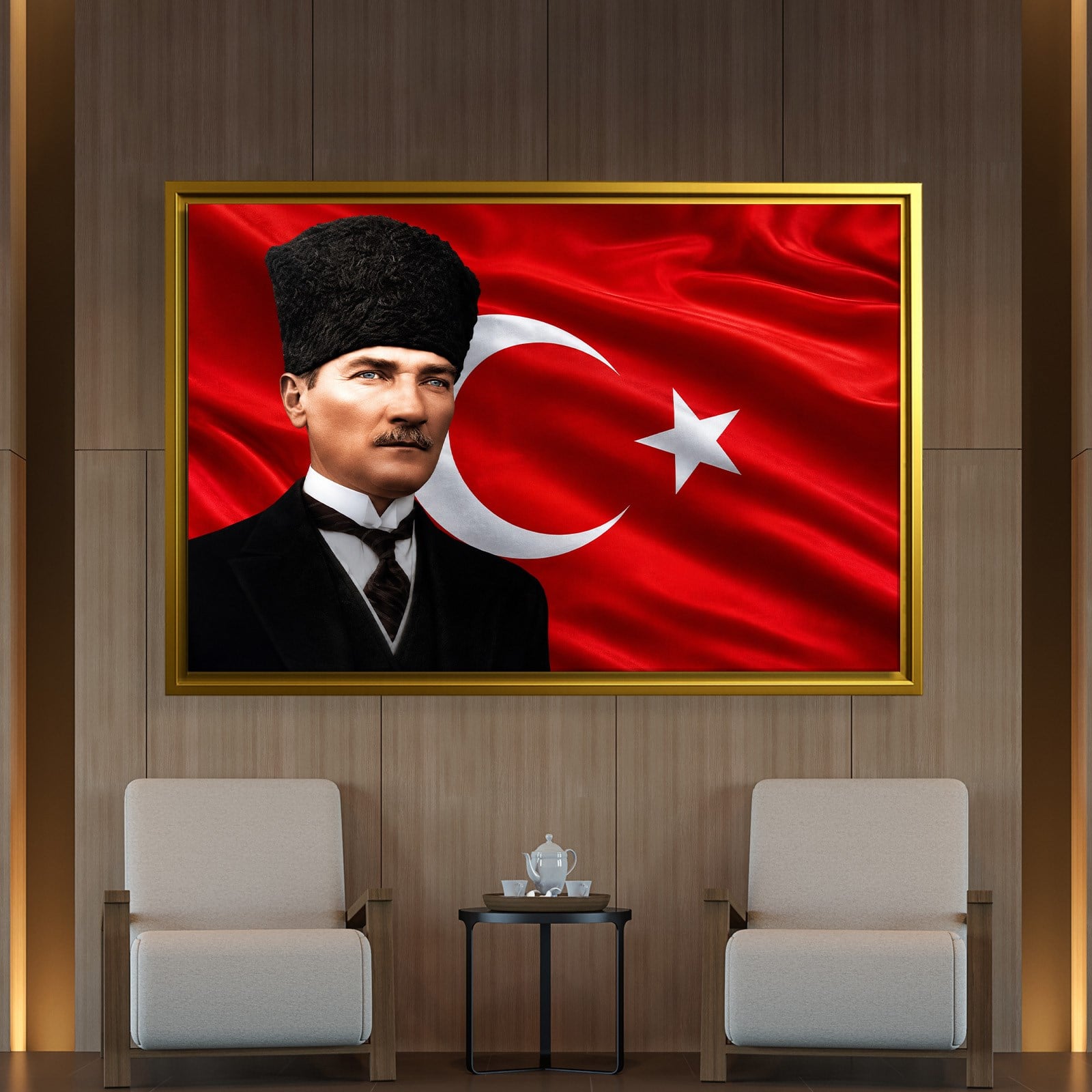 Atatürk Kanvas Tablo – Türk Bayrağı Fonlu Mustafa Kemal Atatürk Duvar Tablosu