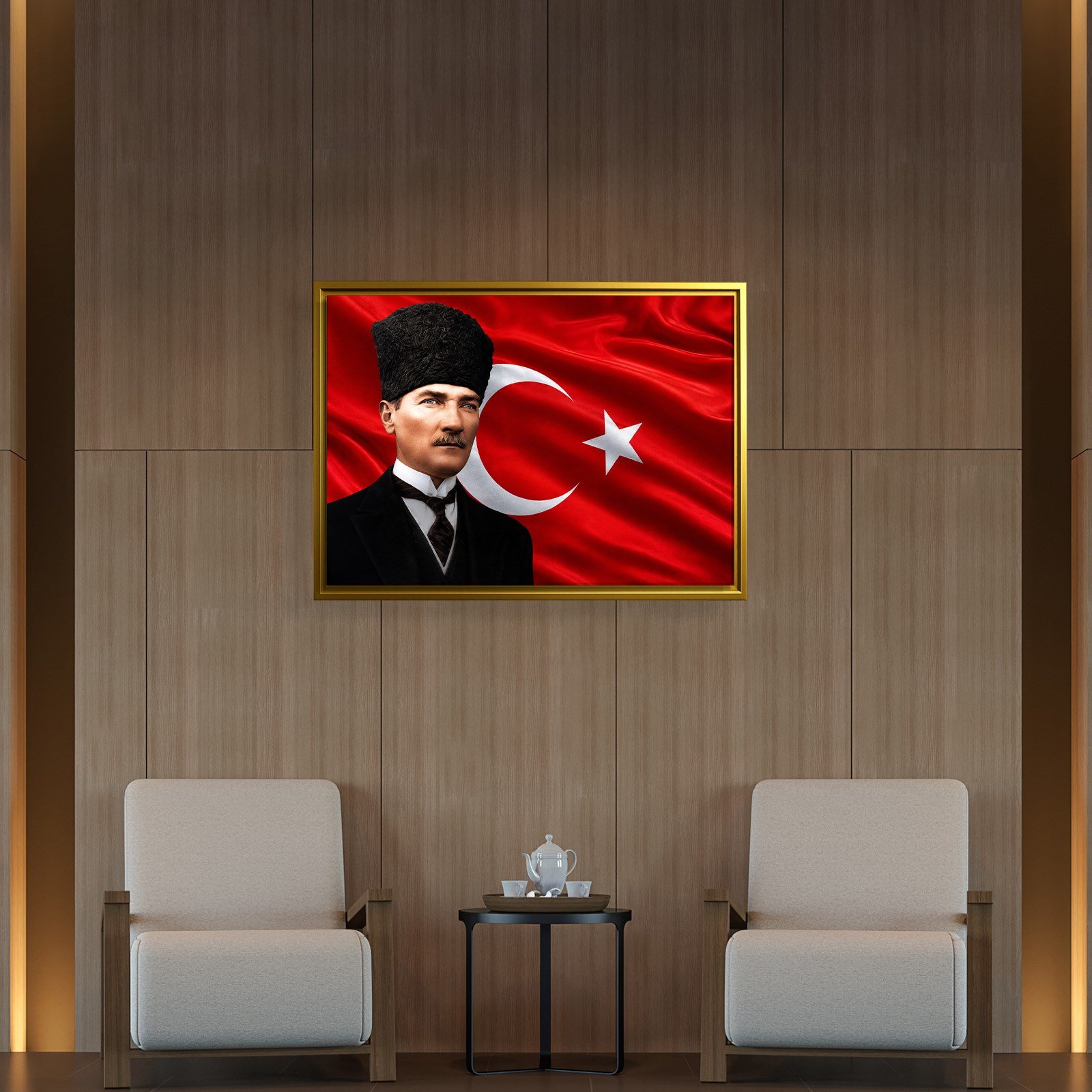 Atatürk Kanvas Tablo – Türk Bayrağı Fonlu Mustafa Kemal Atatürk Duvar Tablosu
