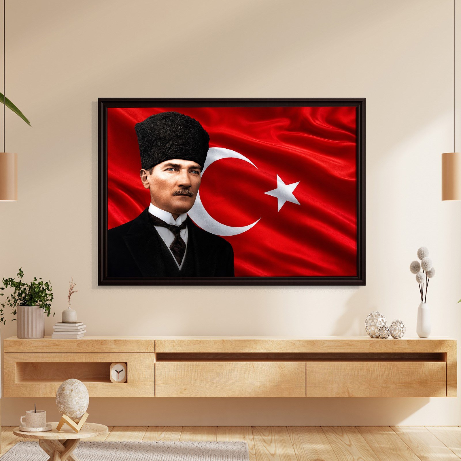 Atatürk Kanvas Tablo – Türk Bayrağı Fonlu Mustafa Kemal Atatürk Duvar Tablosu