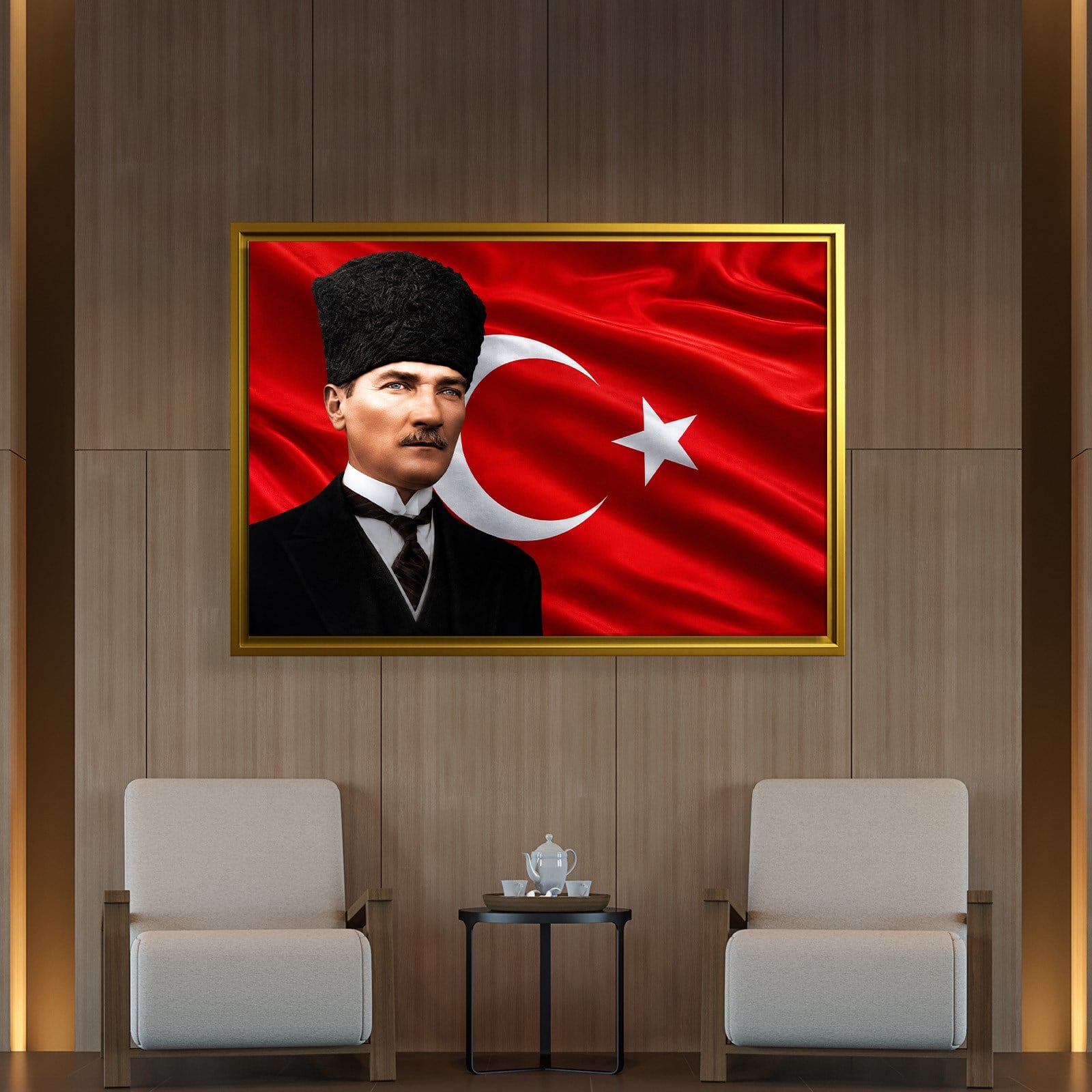 Atatürk Kanvas Tablo – Türk Bayrağı Fonlu Mustafa Kemal Atatürk Duvar Tablosu