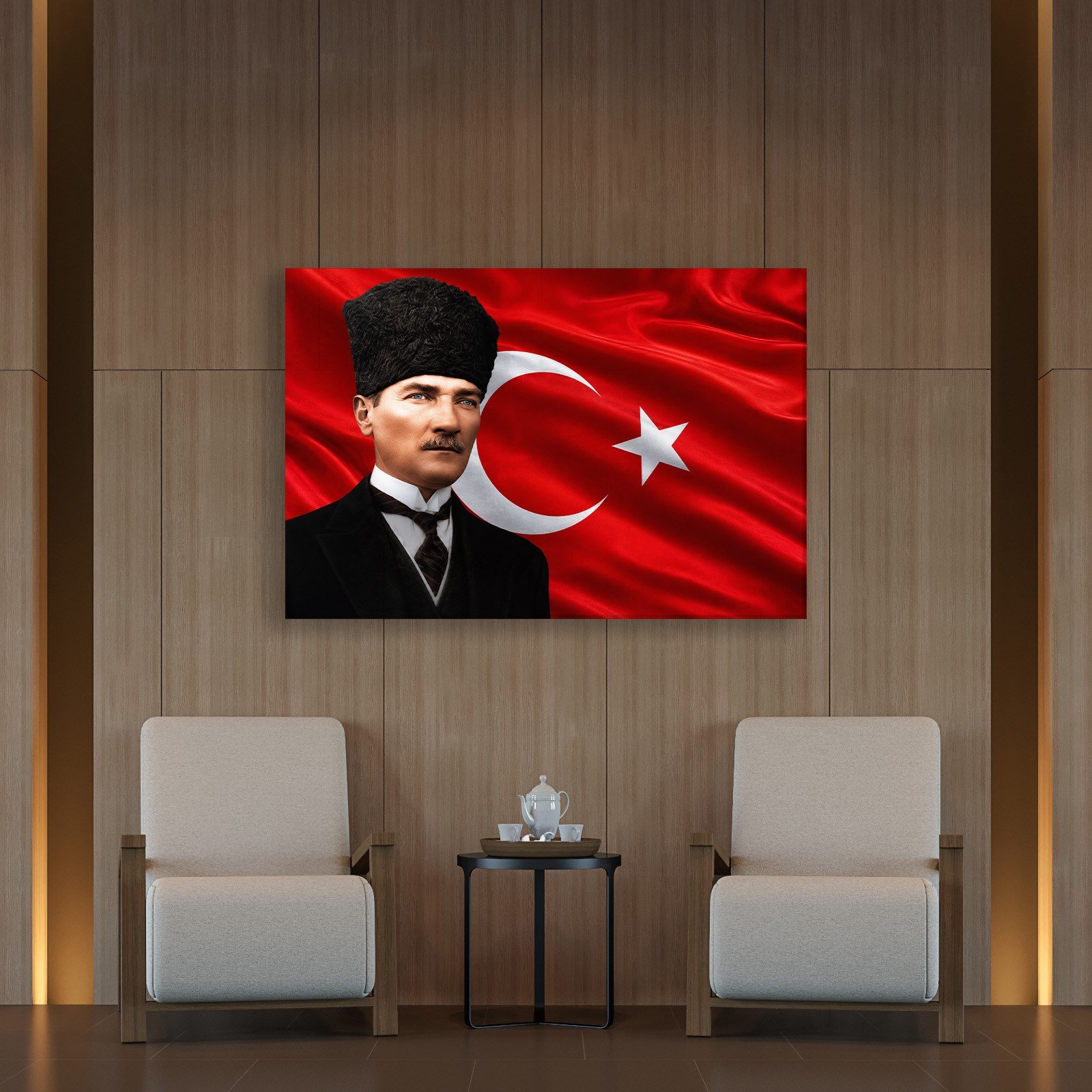 Atatürk Kanvas Tablo – Türk Bayrağı Fonlu Mustafa Kemal Atatürk Duvar Tablosu